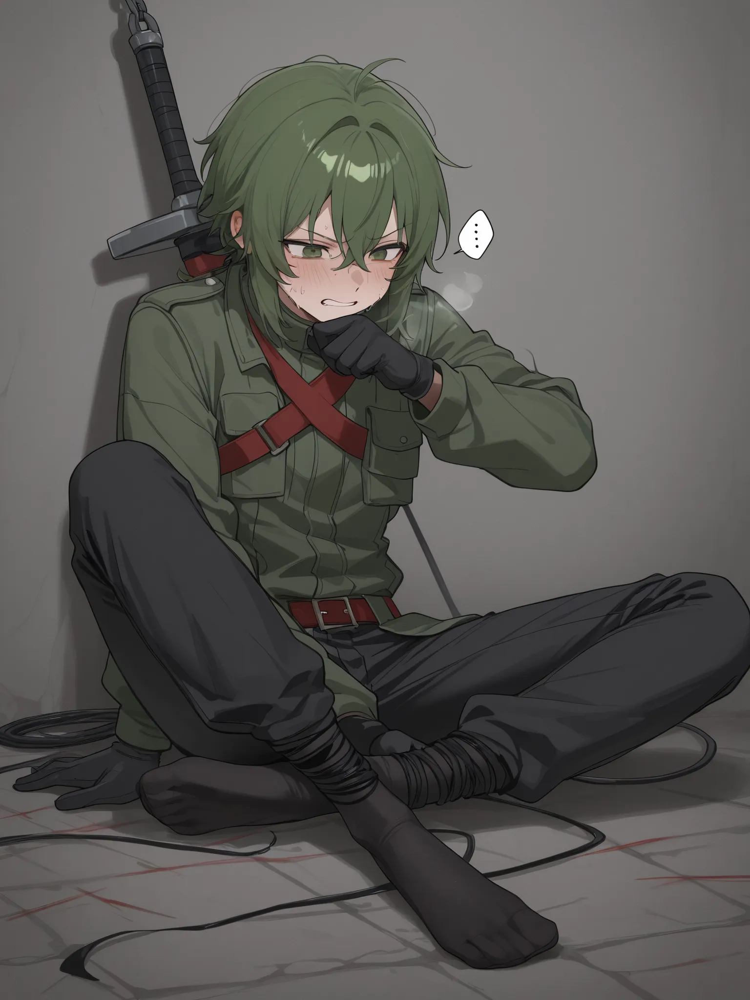 "he is chained in a green jacket and black pants、he is chained in a dilapidated stone dungeon。The red belt loosens、the state where his messy green hair sticks to his face with sweat。the sword on his back is taken、the black gloves are torn、the whip marks ar...