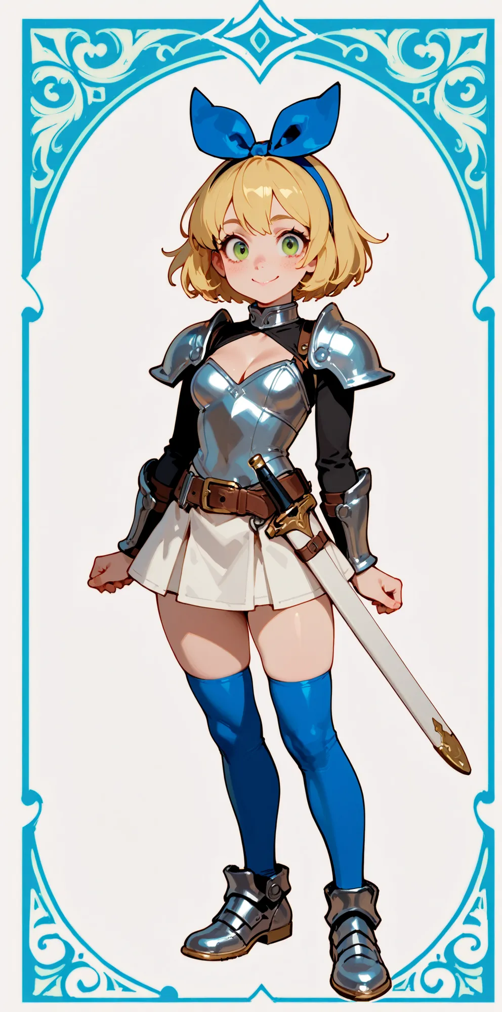 (Top Quality), (8k), full body, Well-balanced Body、laugh, lively、(( 18 years old )), blond hair, bob hair、freckles、one blue ribbon、blue hair top ribbon at the top of the head、 hair bow、 Long golden eyelashes、round, large eyes、green eyes, Very cute woman...