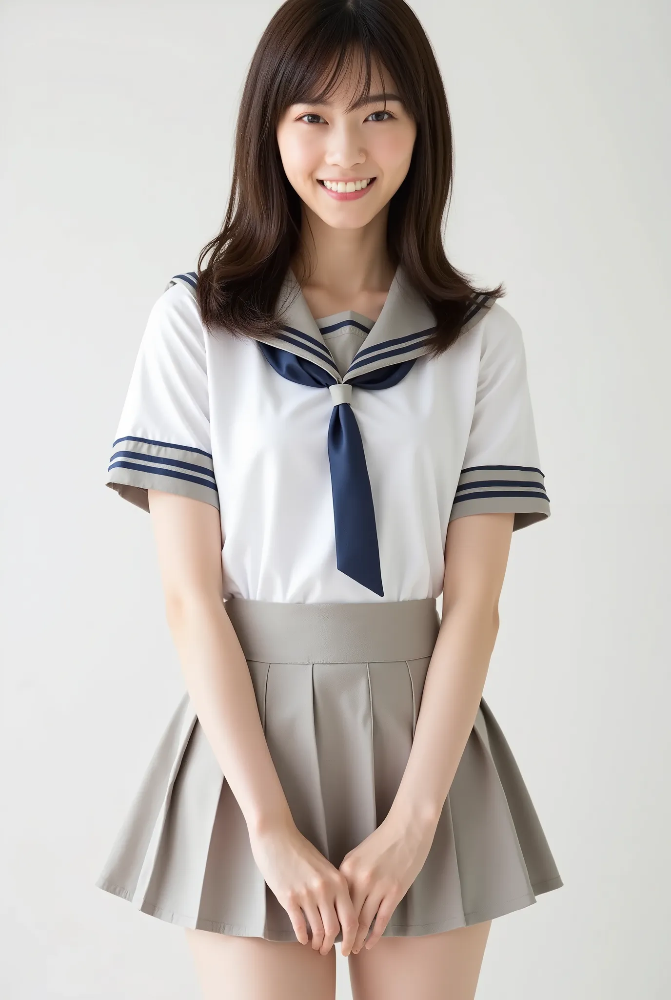 Create a realistic photograph of a beautiful Japanese female idol in a full-body portrait. She should have a slim figure, small bust, and slender legs, dressed in a Nogizaka-style idol uniform. The pose should be cheerful, showcasing her smiling. Use a sim...