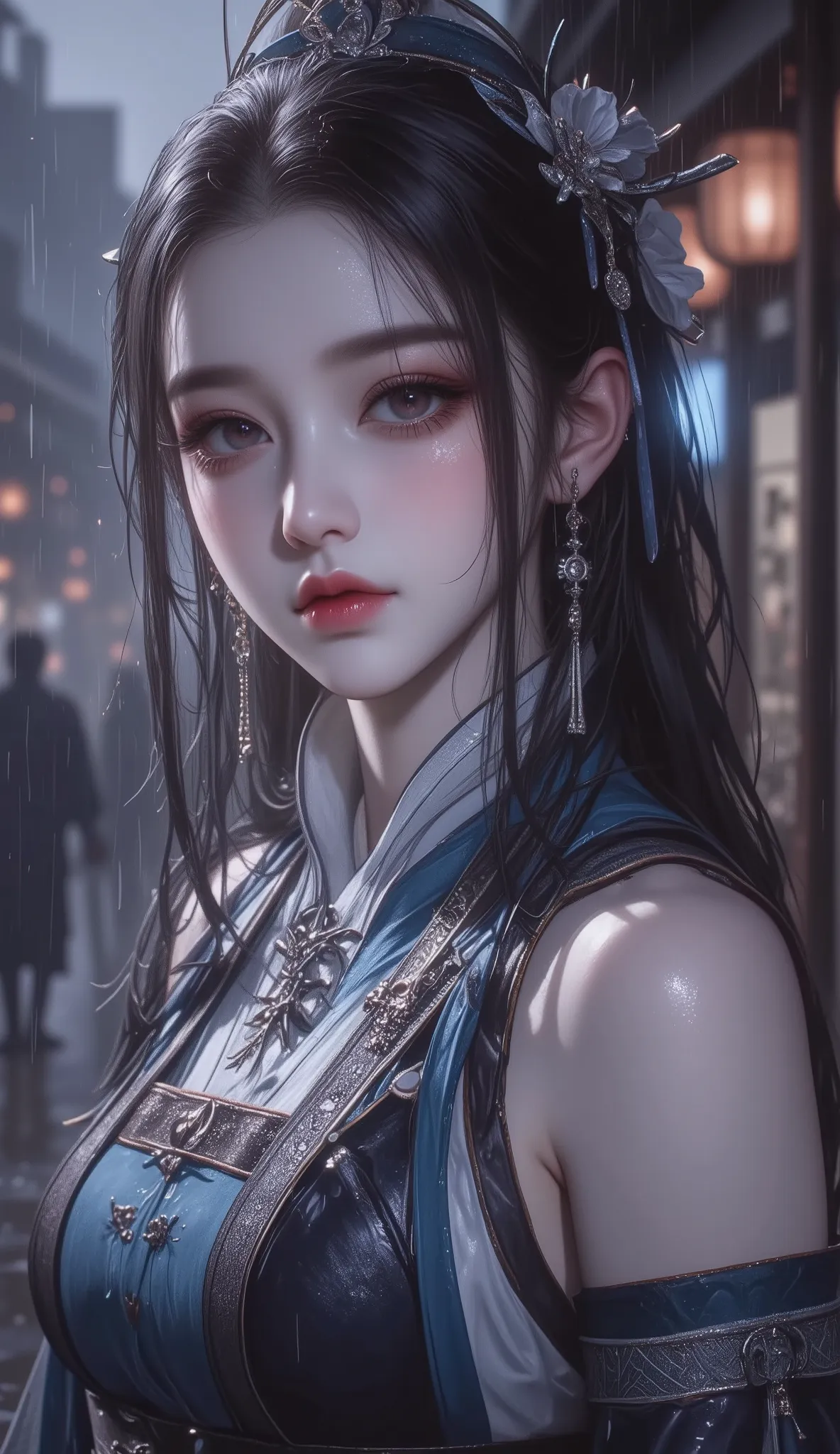 ((Best Quality, 8k, Masterpiece: 1.3)), Focus: 1.2, Perfect Body Beauty: 1.4, Buttocks: 1.2, ((Layered Haircut)), (Wet Clothes: 1.1), (Rain, Street:1.3), (Breasts: 1.2), (Hanfu: 1.2), Bare Shoulders, Bare Legs, Highly Detailed Face and Skin Texture, Fine E...