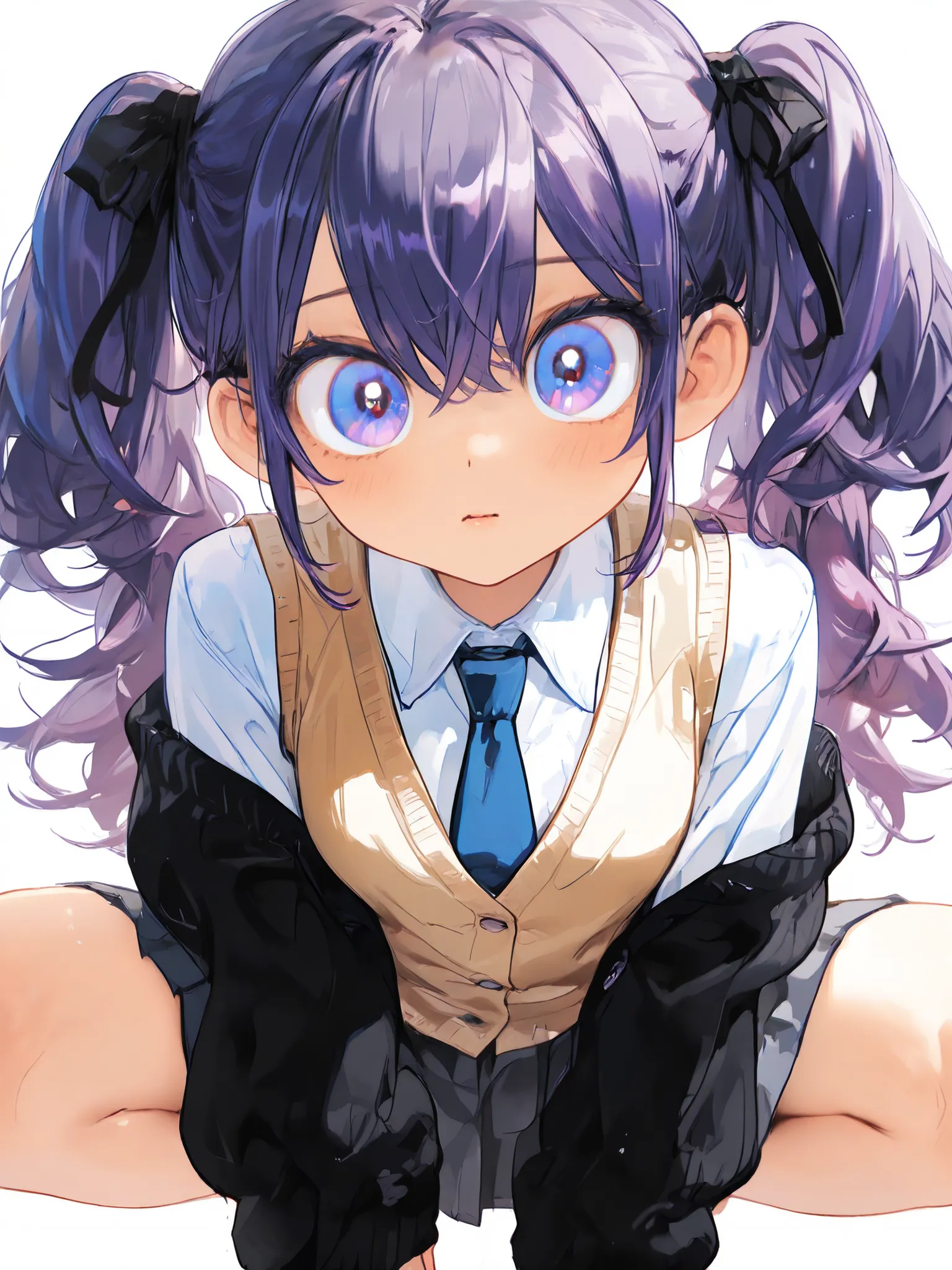 Purple Hair,twin tails,big eyes,school uniform,white shirt,navy blue necktie,beige vest,black cardigan,Grey Skirt,I'm crouching down and fiddling with my smartphone,boring expression