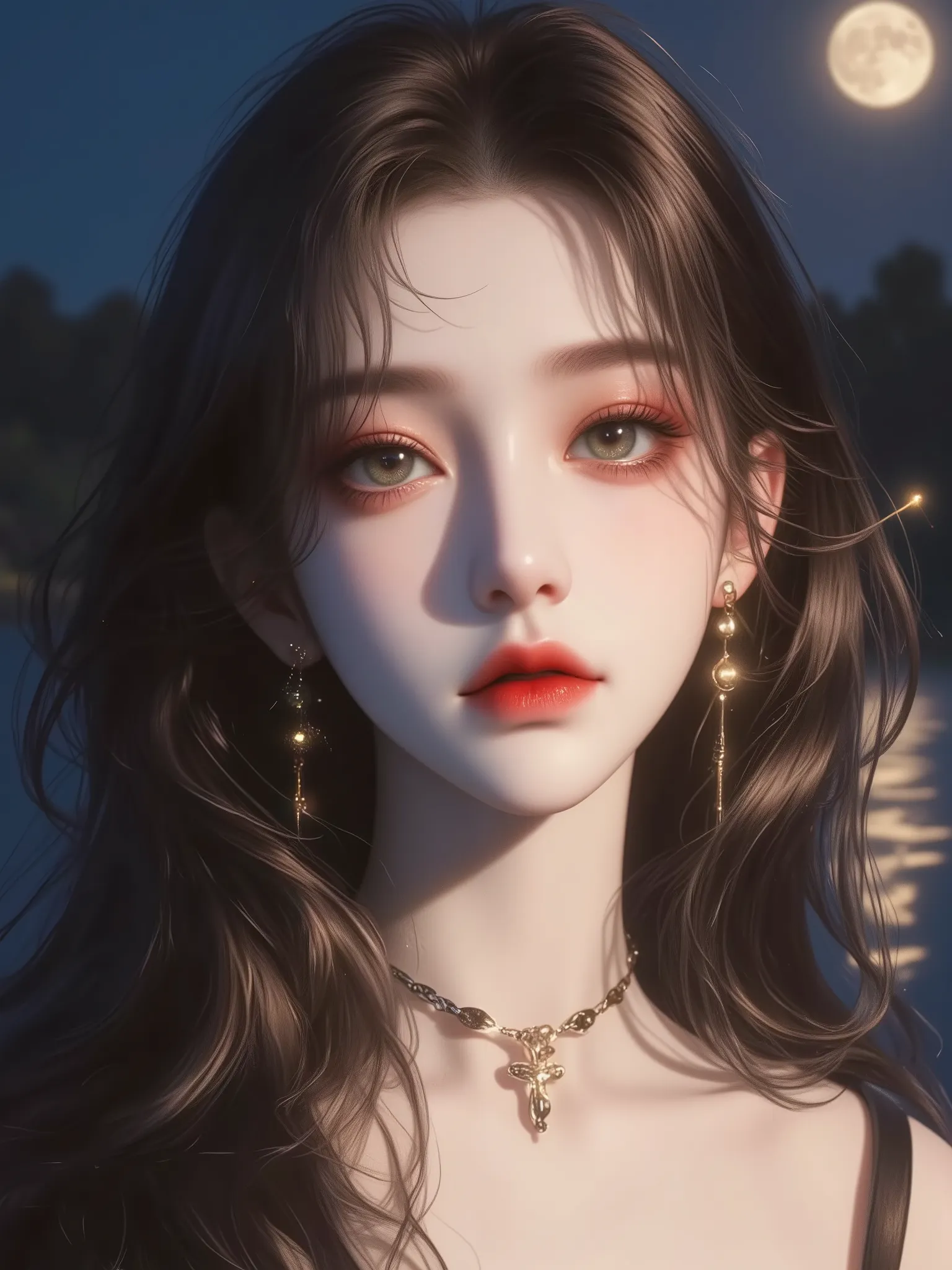 Create an image of a woman with smooth skin, a fair complexion. Her eyes are mesmerizing, with an emerald green color that reflects deep serenity. She has long, straight, ebony hair, naturally shiny under the lights. Naked. The scene is the garden by the l...