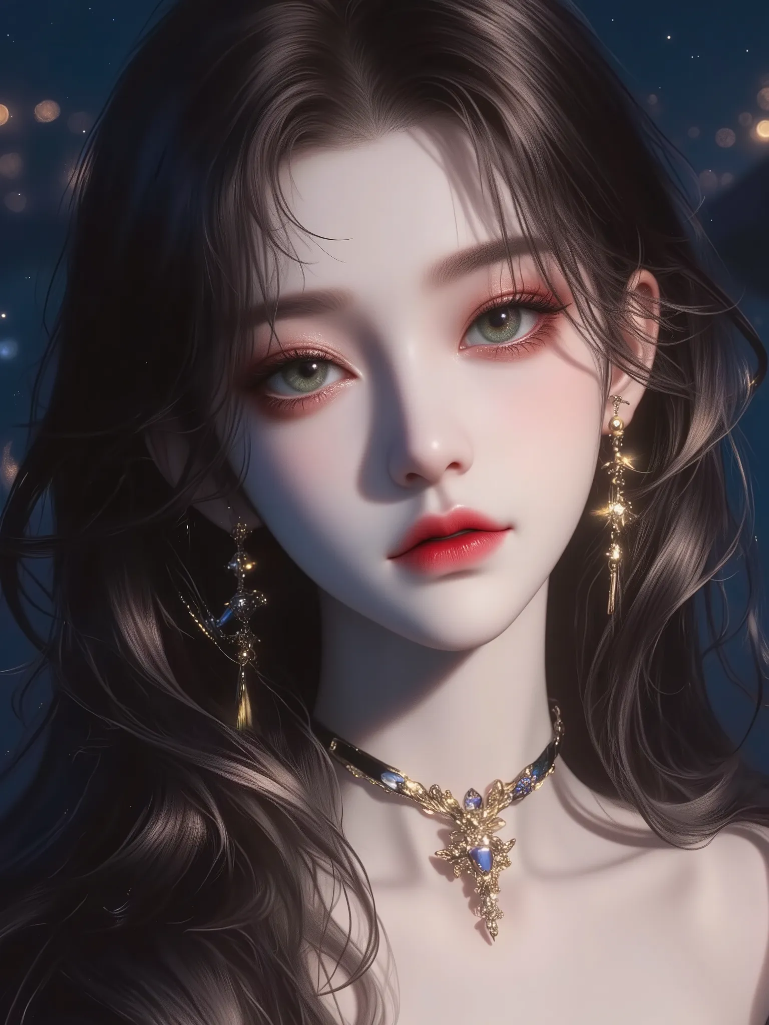 Create an image of a woman with smooth skin, a fair complexion. Her eyes are mesmerizing, with an emerald green color that reflects deep serenity. She has long, straight, ebony hair, naturally shiny under the lights. Naked. The scene is the garden by the l...