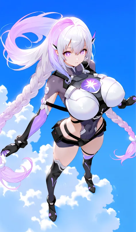 Cryptic girl,masterpiece, best quality, amazing quality, very aesthetic,, sensitive, (full body shot:1.5),highly detailed cyber full body suits, Extreme large Breast, long gradient purple twin braid hair ,(standing like a super hero.),  blue sky background...