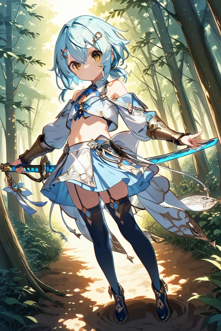 anime style、1 very young girl、、s、full body image、flat chest、light blue hair、short hair、low ponytail、Long bangs only on the right、Separate your bangs on your right side、7:3 splits、big eyes、Golden Eyes、bare shoulder、cropped tops、culotte skirt、black high thigh socks、X shaped hair clip、Katana、gauntlet、forest、、masterpiece、Top Quality、4K、8K、16K、Super detailed、 extreme detail expression