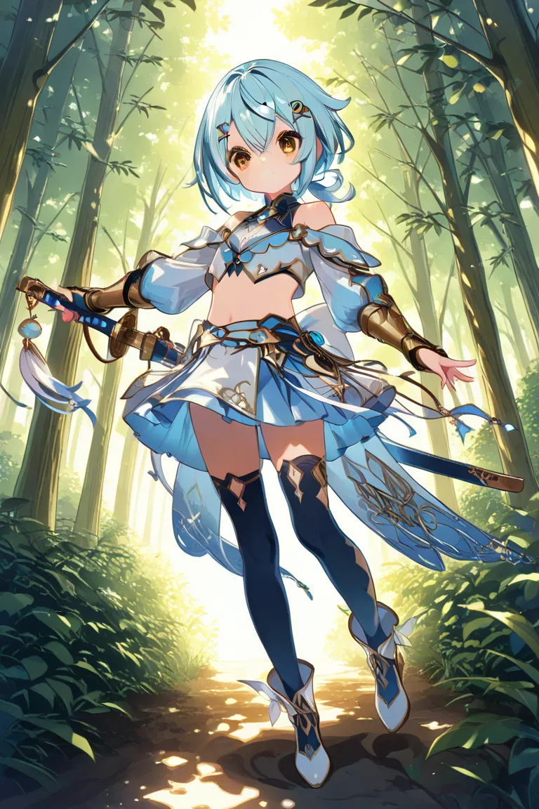 anime style、1 very young girl、、s、full body image、flat chest、light blue hair、short hair、low ponytail、Long bangs only on the right、Separate your bangs on your right side、7:3 splits、big eyes、Golden Eyes、bare shoulder、cropped tops、culotte skirt、black high thigh socks、X shaped hair clip、Katana、gauntlet、forest、、masterpiece、Top Quality、4K、8K、16K、Super detailed、 extreme detail expression