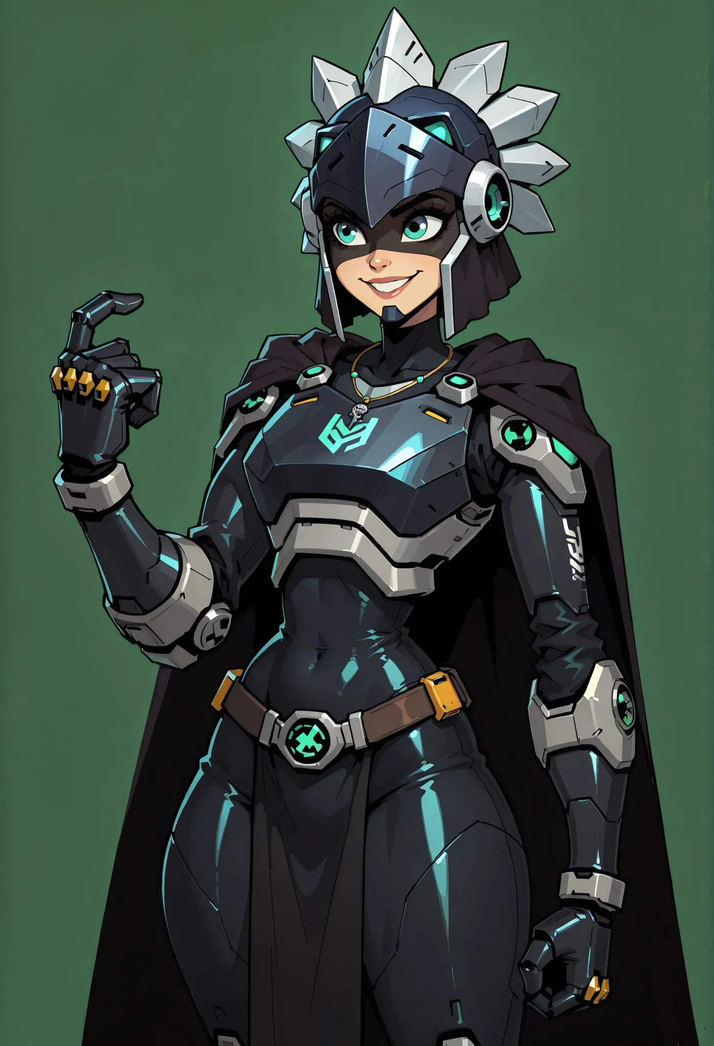 Score_9, Score_8_up, cartoon style, flat colors, Overwatch style, 1 girl, alone, turquoise eyes, Disney Pixar character, fully clothed, open eyes, dronified, tight black tracksuit, friendly gesture, long smile, large robotic breastplate, robotic power reac...