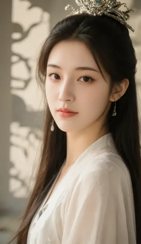 high quality of the fertilised, masterpieces, young beautiful girl, big breasts, Straight Hair, Natural Light, white skin , Tunic dress , watches the audience, sweet smile