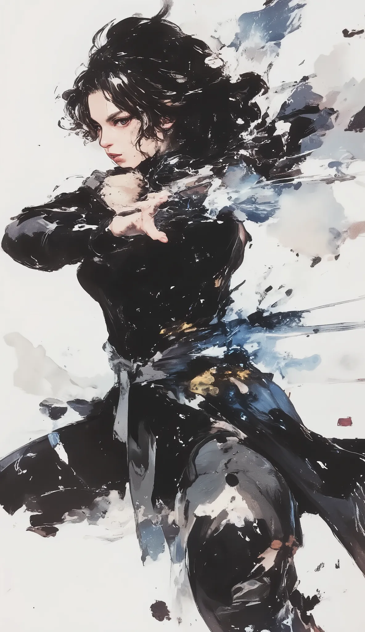 1 person、Ninja, Japanese woman、black hair、aligned bangs、dynamic pose、Action、Black and white art , simple dressing, ArsMJスタイル, Zen ink painting