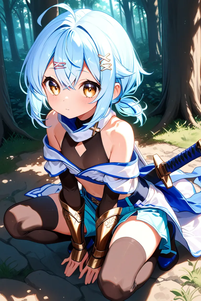 anime style、1 very young girl、、ren、full body image、flat chest、Light Blue Hair、short hair、low ponytail、Long bangs only on the right、Separate your bangs on your right side、7:3 splits、big eyes、Golden Eyes、 ninja clothes、bare shoulder、cropped tops、culottes skirt、black high thigh socks、X shaped hair clip、two-handed sword、gauntlet、forest、、masterpiece、Top Quality、4K、8K、16K、Super detailed、 extreme detail
