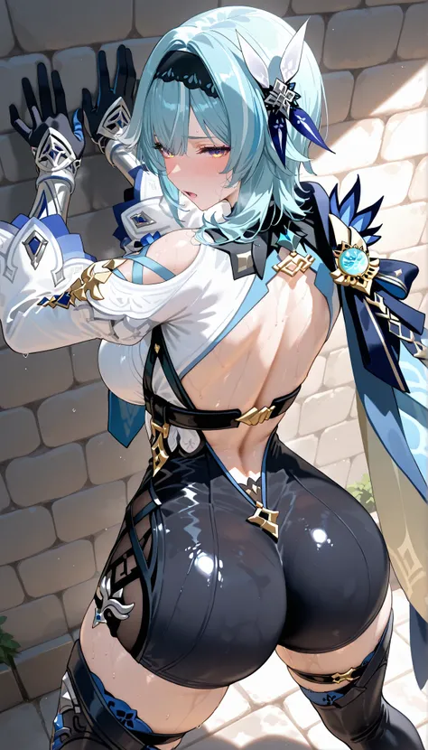 score_9,score_8_up,score_7_up,1girl, solo,blue eyes, white hair, braided ponytail, large_breasts, vision_\(genshin_impact\), absurdres, highres,medium hair, blue hair, gradient eyes, yellow eyes, black hairband, hair ornament, blue necktie, (blue cape on h...