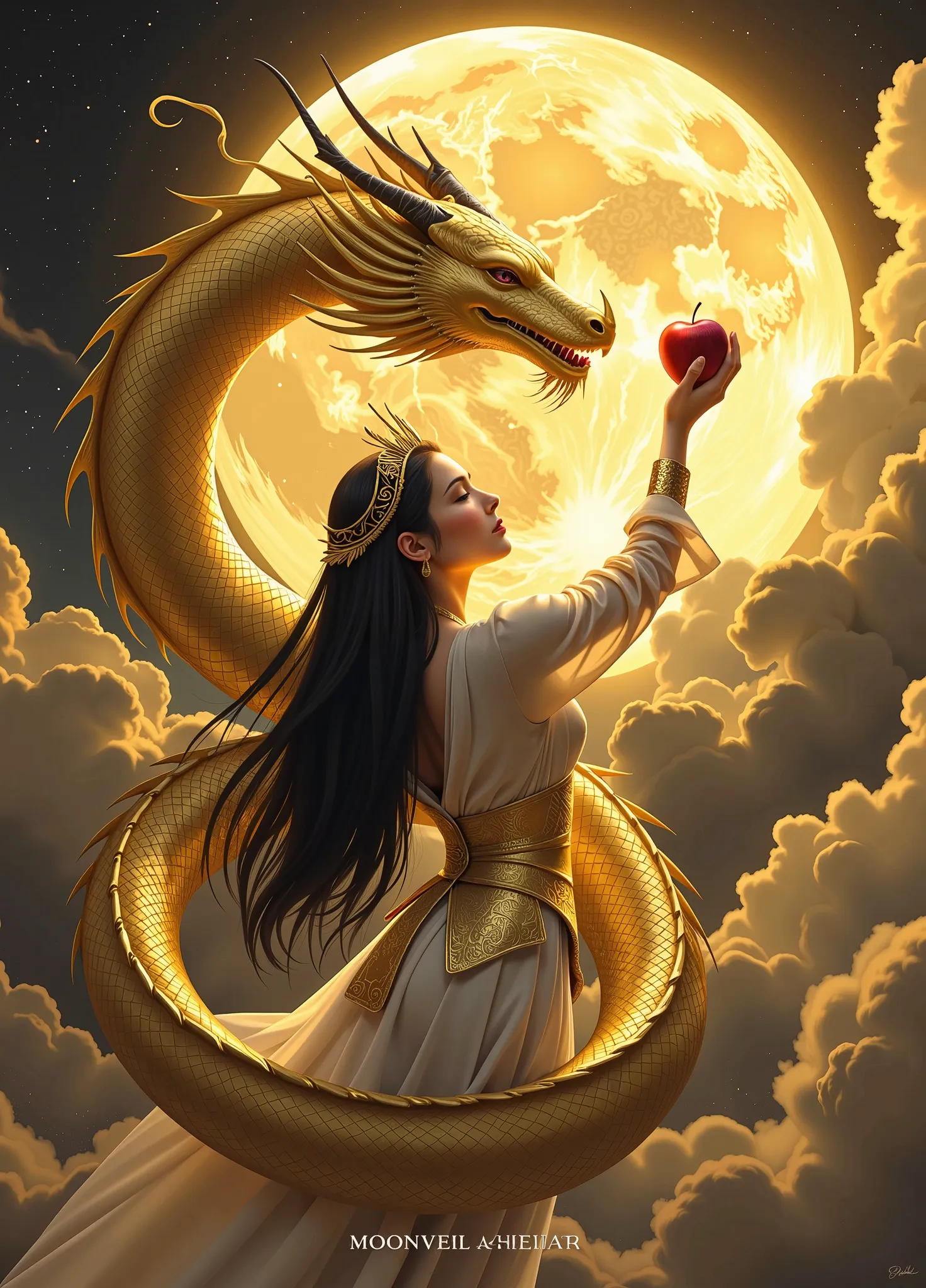 girls,Black Long Hair,Black Queen,The majestic Oriental dragon, shines with shimmering golden scales, is spiraling gracefully through a fantastic sky drawn in various shades of gold and yellow. That slender , has a snake-like body bends gracefully, delicat...