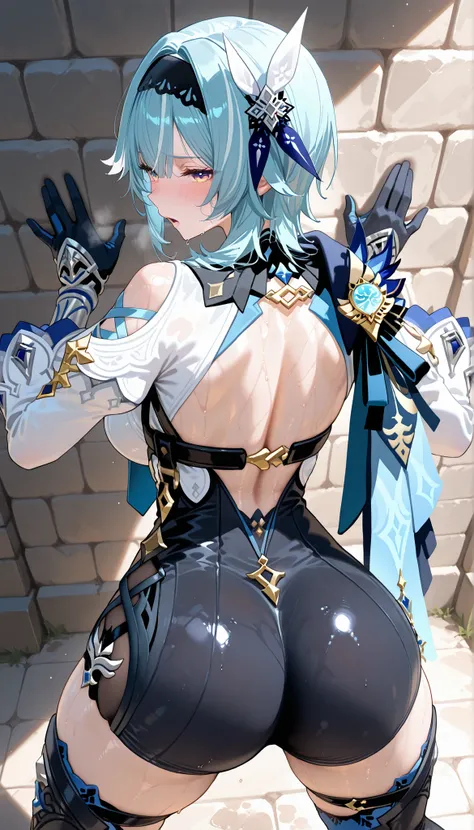 score_9,score_8_up,score_7_up,1girl, solo,blue eyes, white hair, braided ponytail, large_breasts, vision_\(genshin_impact\), absurdres, highres,medium hair, blue hair, gradient eyes, yellow eyes, black hairband, hair ornament, blue necktie, (blue cape on h...