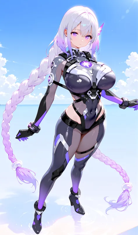 Cryptic girl,masterpiece, best quality, amazing quality, very aesthetic, absurdres, sensitive, (full body shot:1.5),highly detailed cyber body suits, Extreme large Breast, long gradient purple twin braid hair ,(standing like a super hero.),  blue sky backg...
