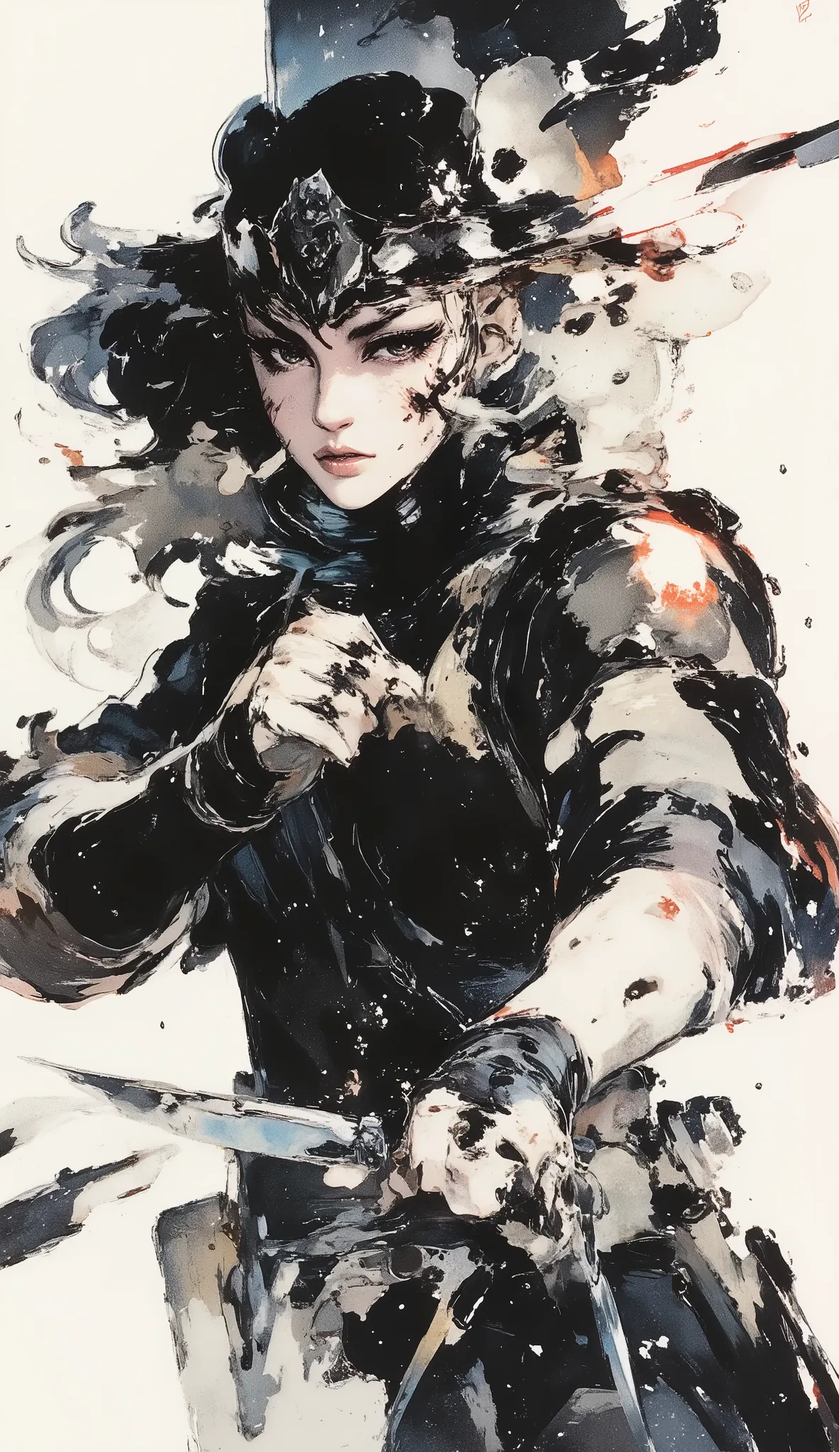 1 person、Ninja, Japanese woman、black hair、aligned bangs、dynamic pose、Action、Pocket Knife、Black and white art , Simple dressing, ArsMJスタイル, Zen ink painting