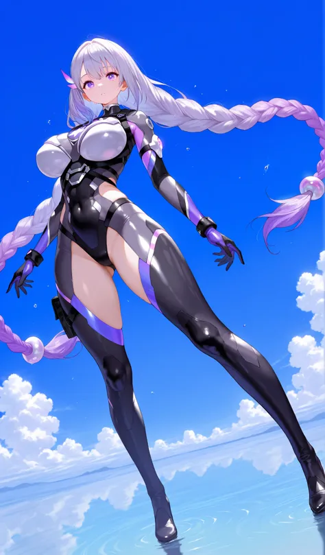 Cryptic girl,masterpiece, best quality, amazing quality, very aesthetic, absurdres, sensitive, (full body shot:1.5),highly detailed cyber body suits, Extreme large Breast, long gradient purple twin braid hair ,(standing like a super hero.),  blue sky backg...