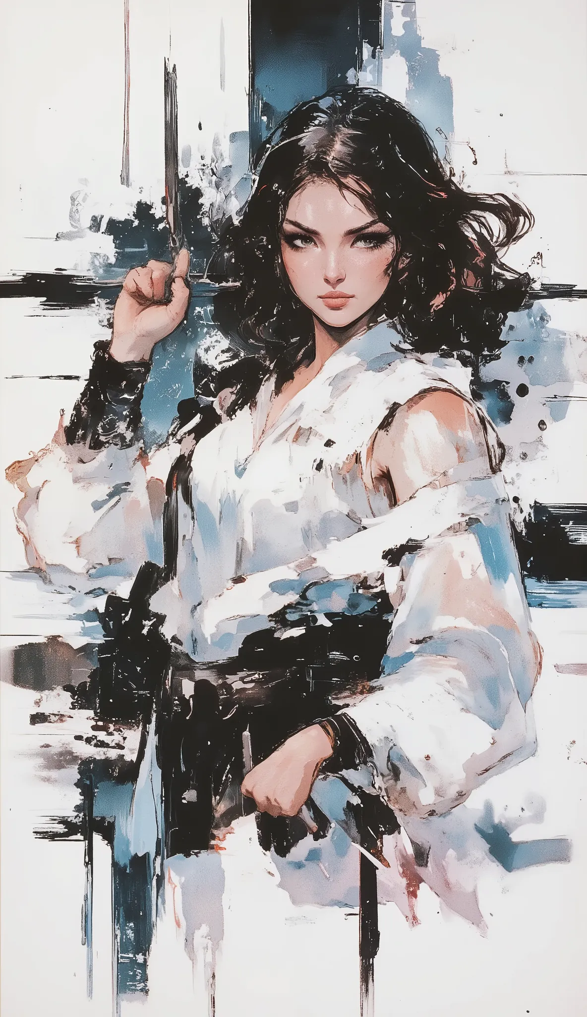 1 person、Ninja, Beautiful Japanese Woman、Long straight hair、black hair、Full Bangs、Dynamic Pose、action、Pocket Knife、black and white art , simple dressing, ArsMj style, Zen ink painting