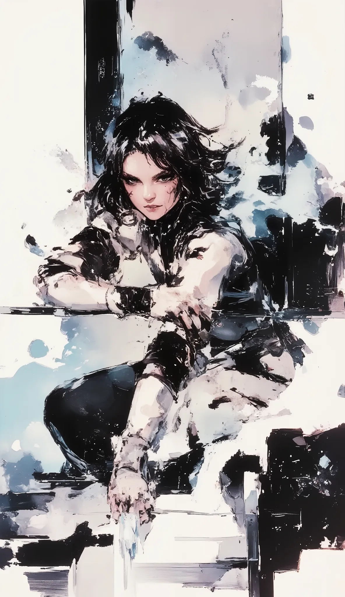 1 person、Ninja, Beautiful Japanese woman、Long Straight Hair、black hair、aligned bangs、dynamic pose、Action、Pocket Knife、Black and white art , simple dressing, ArsMJスタイル, Zen ink painting