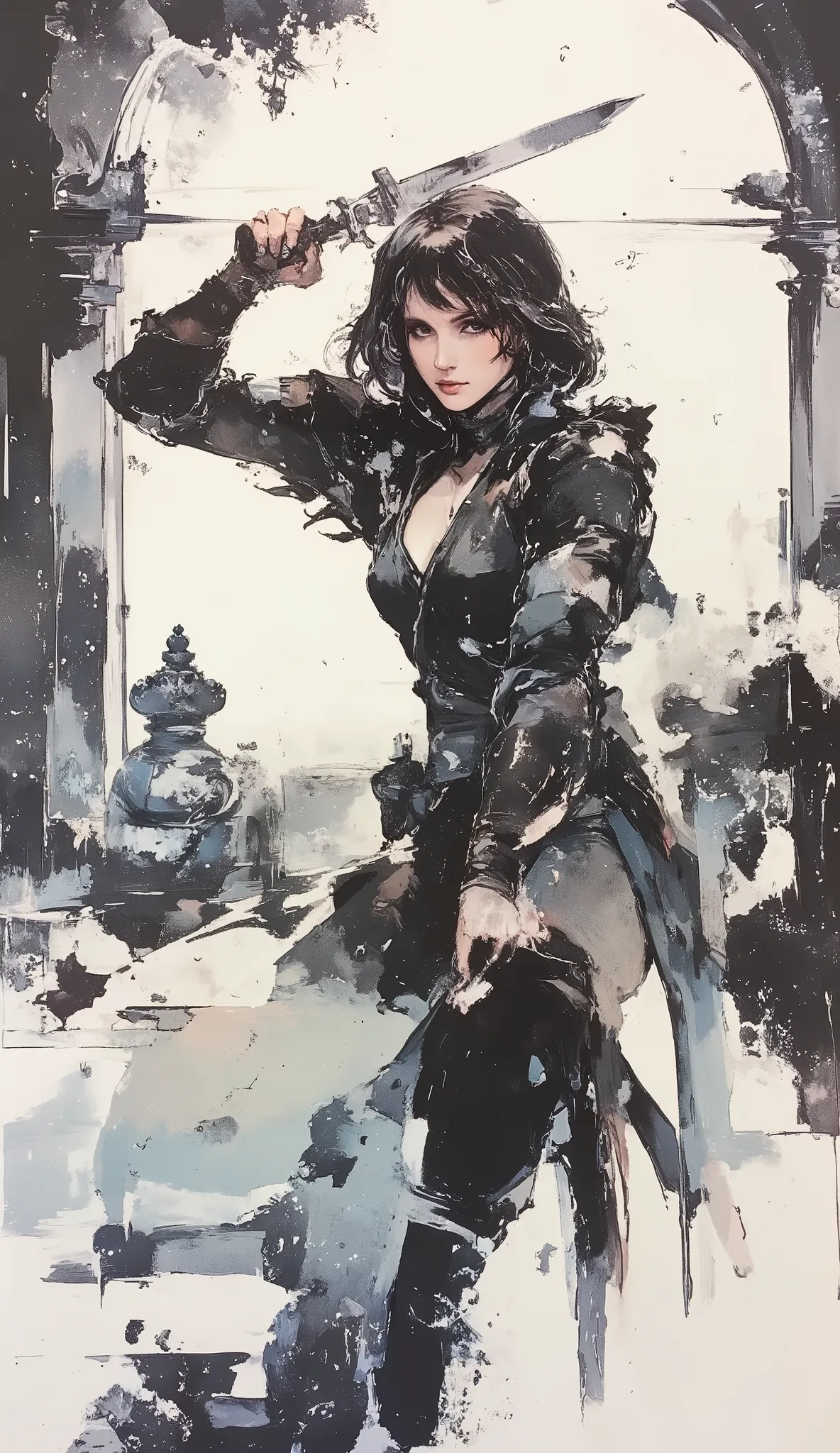1 person、Ninja, Beautiful Japanese Woman、Long straight hair、black hair、Full Bangs、Dynamic Pose、action、Pocket Knife、black and white art , simple dressing, ArsMj style, Zen ink painting