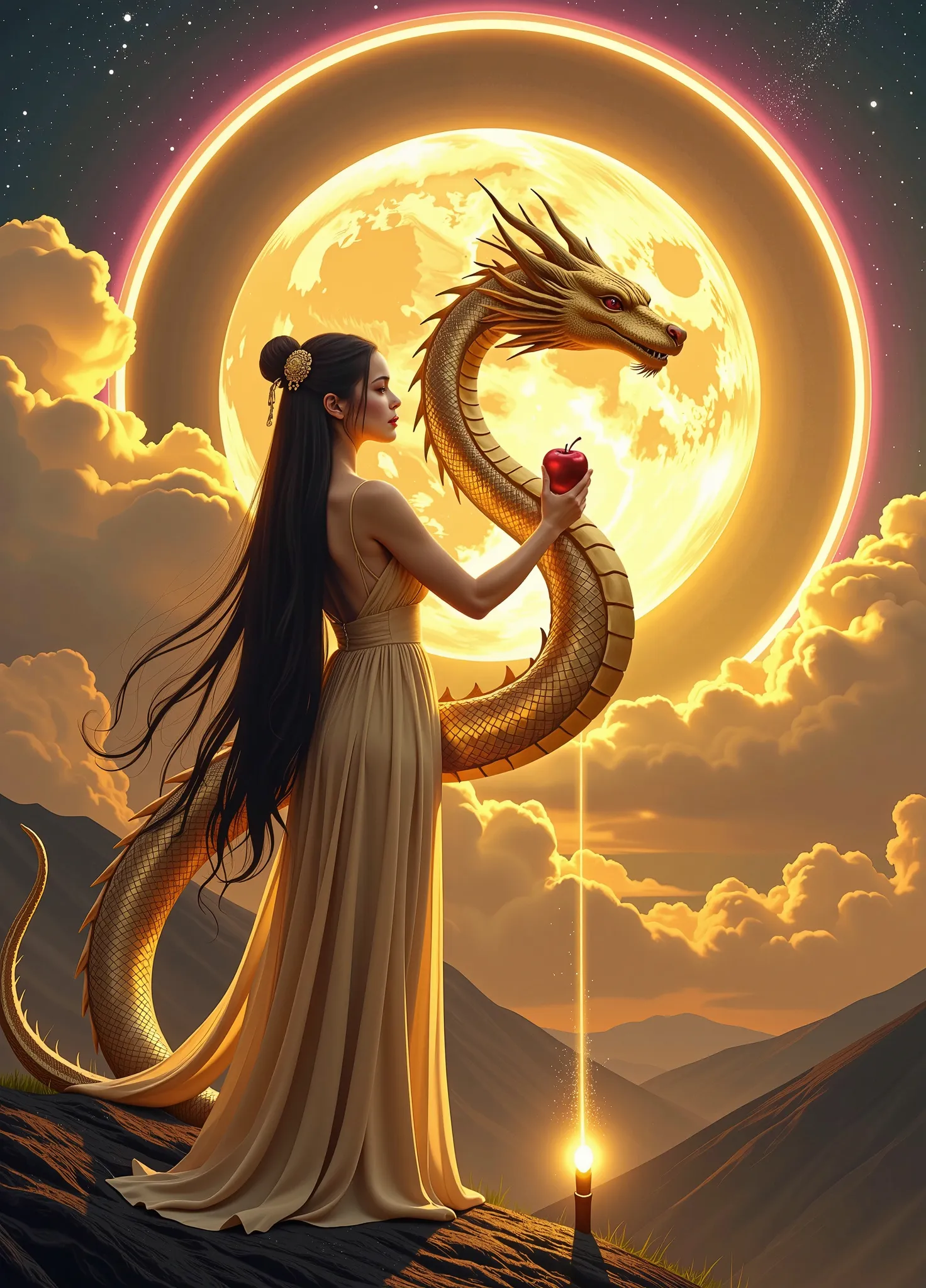 girl,Black Long Hair,Black Queen,The majestic Oriental dragon, shines with shimmering golden scales, is spiraling gracefully through a fantastic sky drawn in various shades of gold and yellow. That slender , has a snake-like body bends gracefully, delicate...