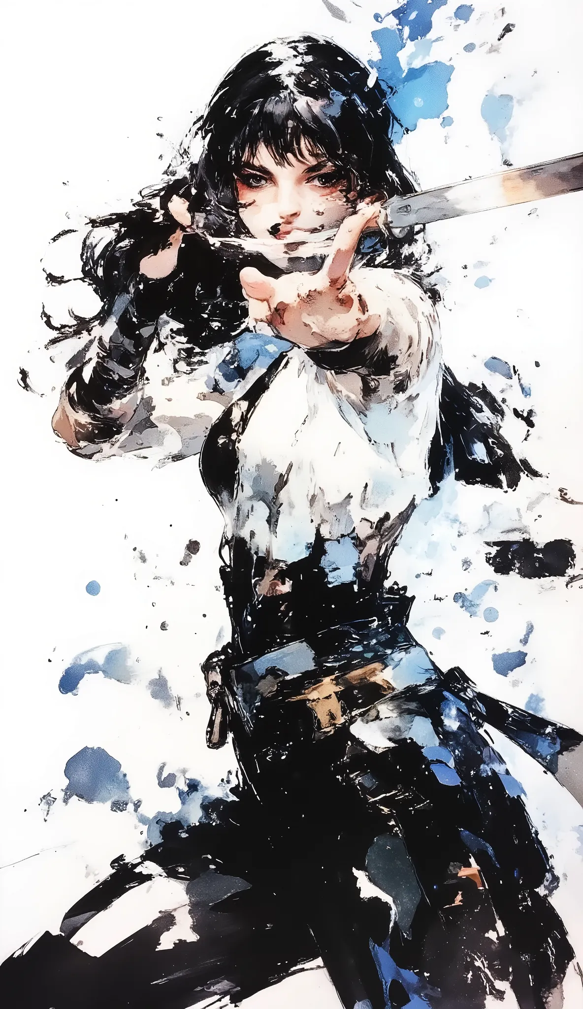 1 person、Ninja, Beautiful Japanese Woman、Long Straight Hair、black hair、aligned bangs、dynamic pose、Action、Pocket Knife、Black and white art , Simple dressing, ArsMJスタイル, Zen ink painting