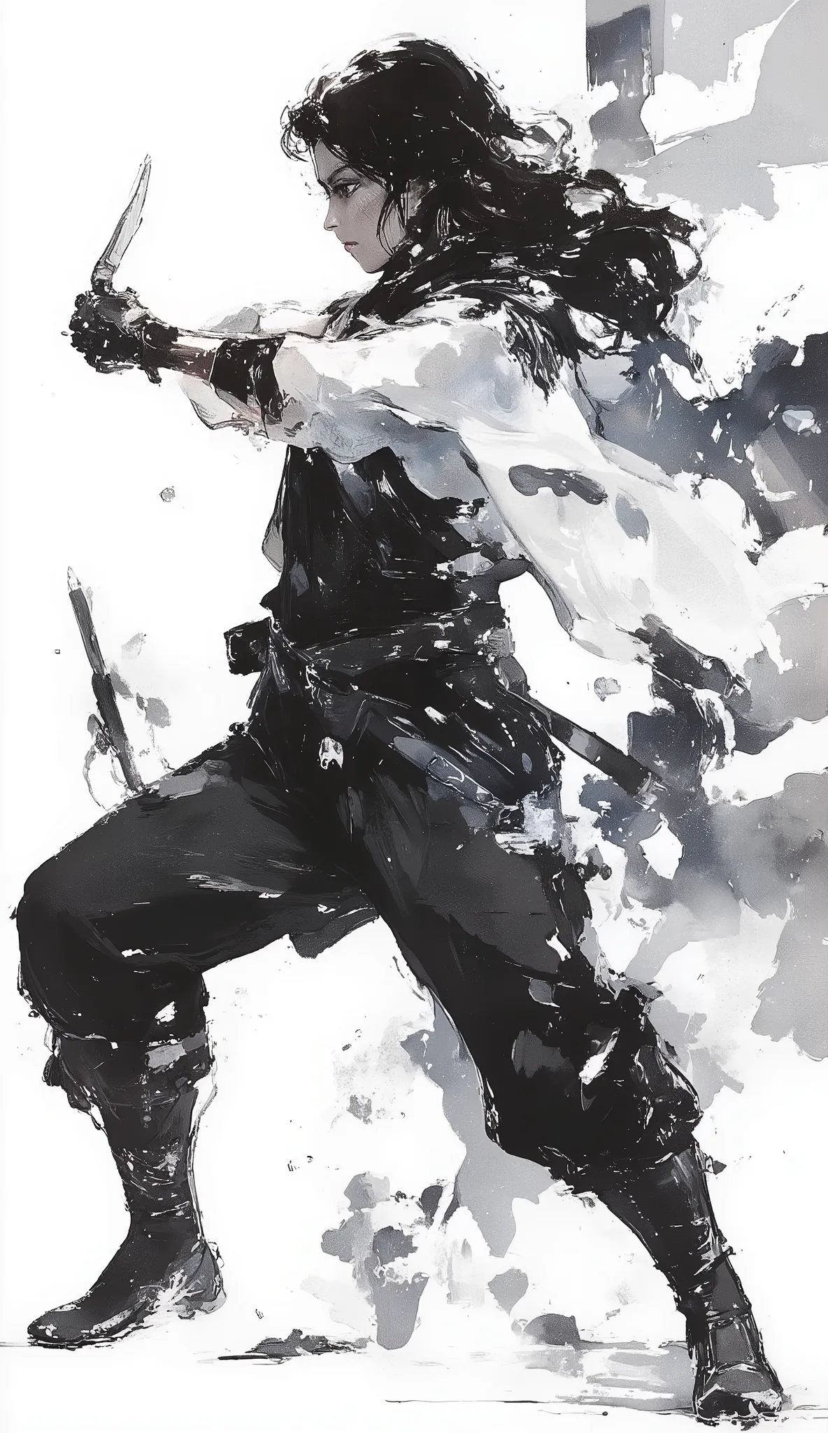 1 person、Ninja, Beautiful Japanese woman、Long Straight Hair、black hair、aligned bangs、dynamic pose、Action、Pocket Knife、Black and white art , Simple dressing, ArsMJスタイル, Zen ink painting