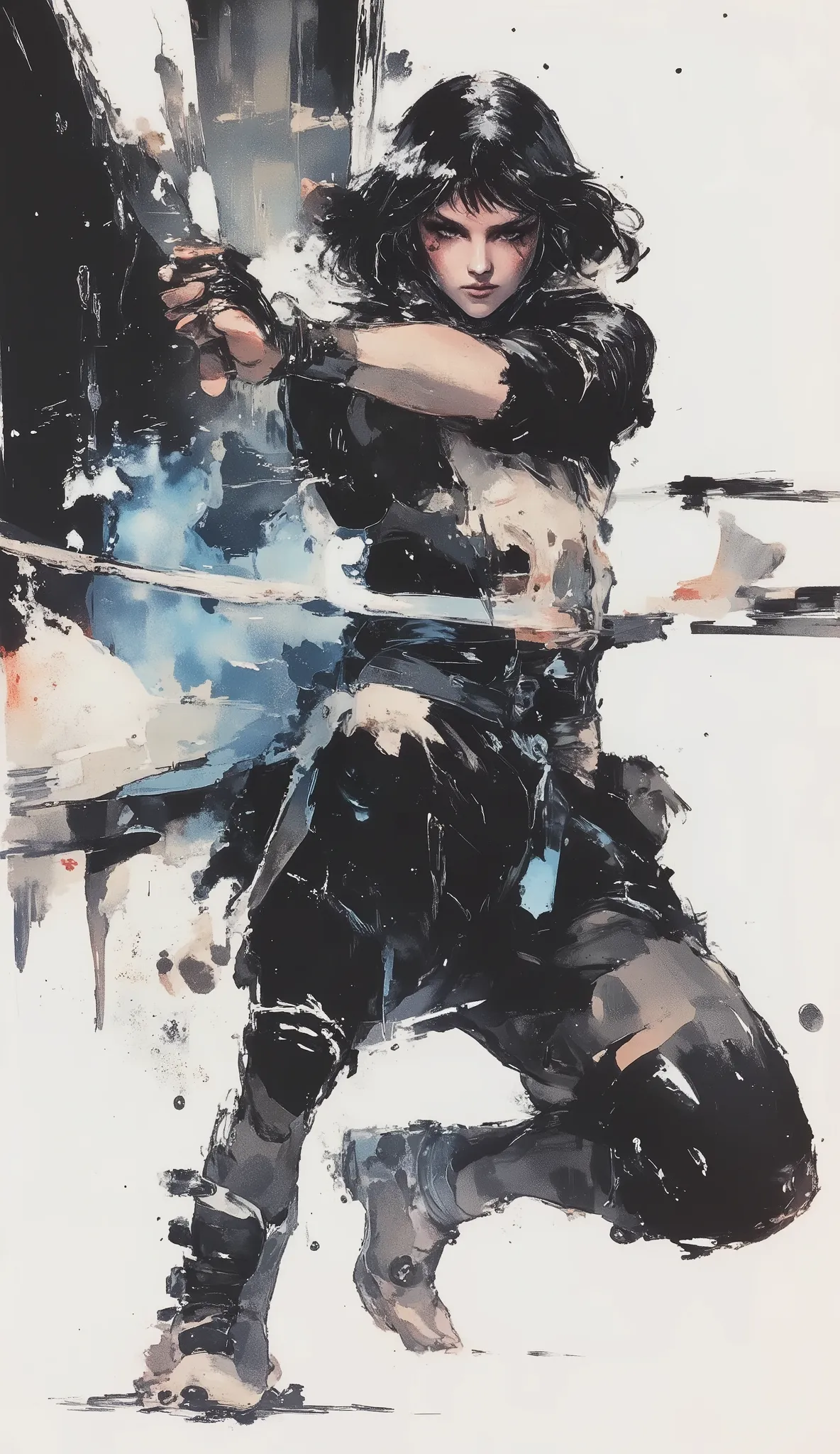1 person、Ninja, Beautiful Japanese Woman、Long straight hair、black hair、Full Bangs、Dynamic Pose、action、Pocket Knife、black and white art , simple dressing, ArsMj style, Zen ink painting