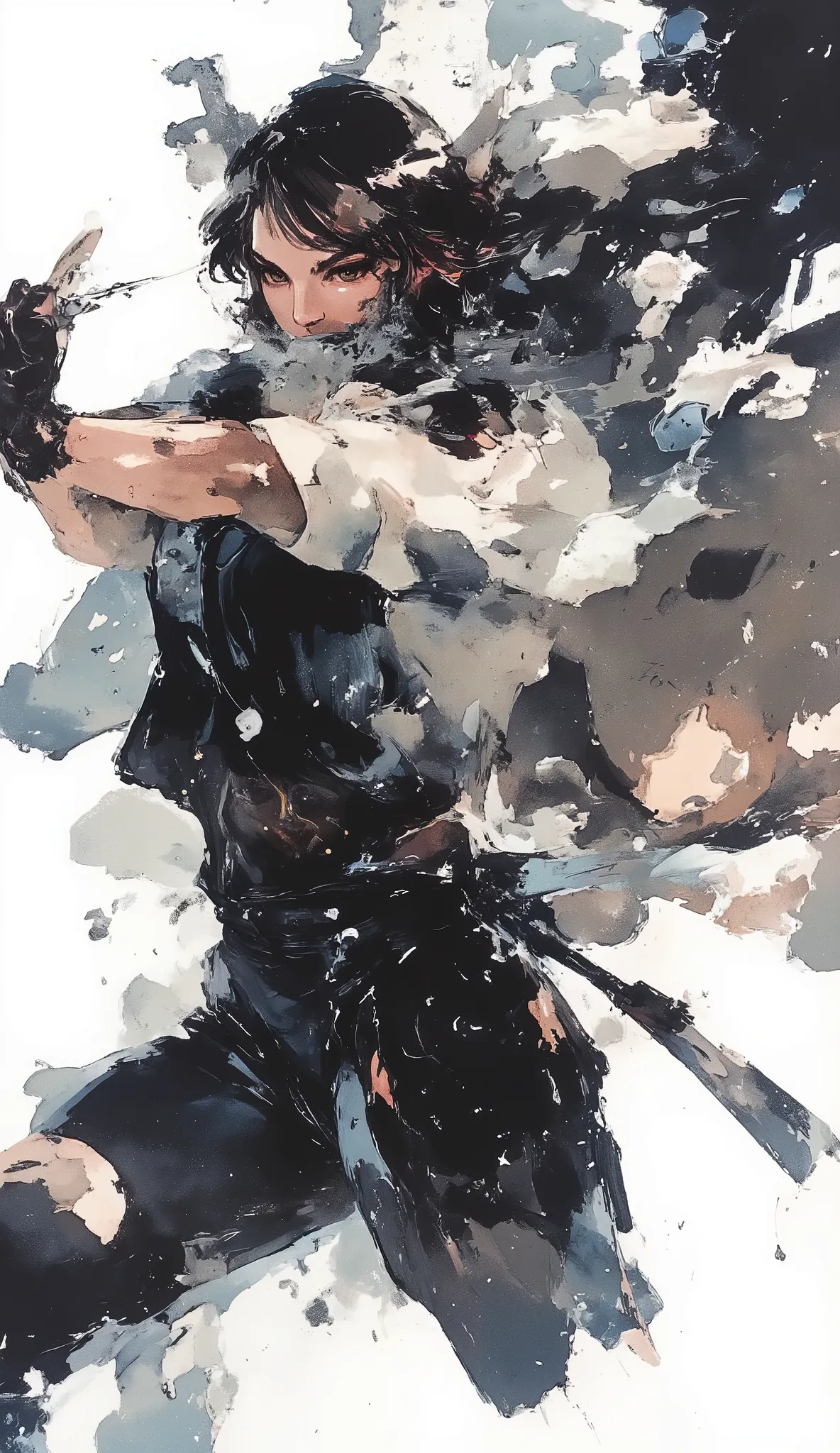 1 person、Ninja, Beautiful Japanese Woman、Long straight hair、black hair、Full Bangs、Dynamic Pose、action、Pocket Knife、black and white art , simple dressing, ArsMj style, Zen ink painting
