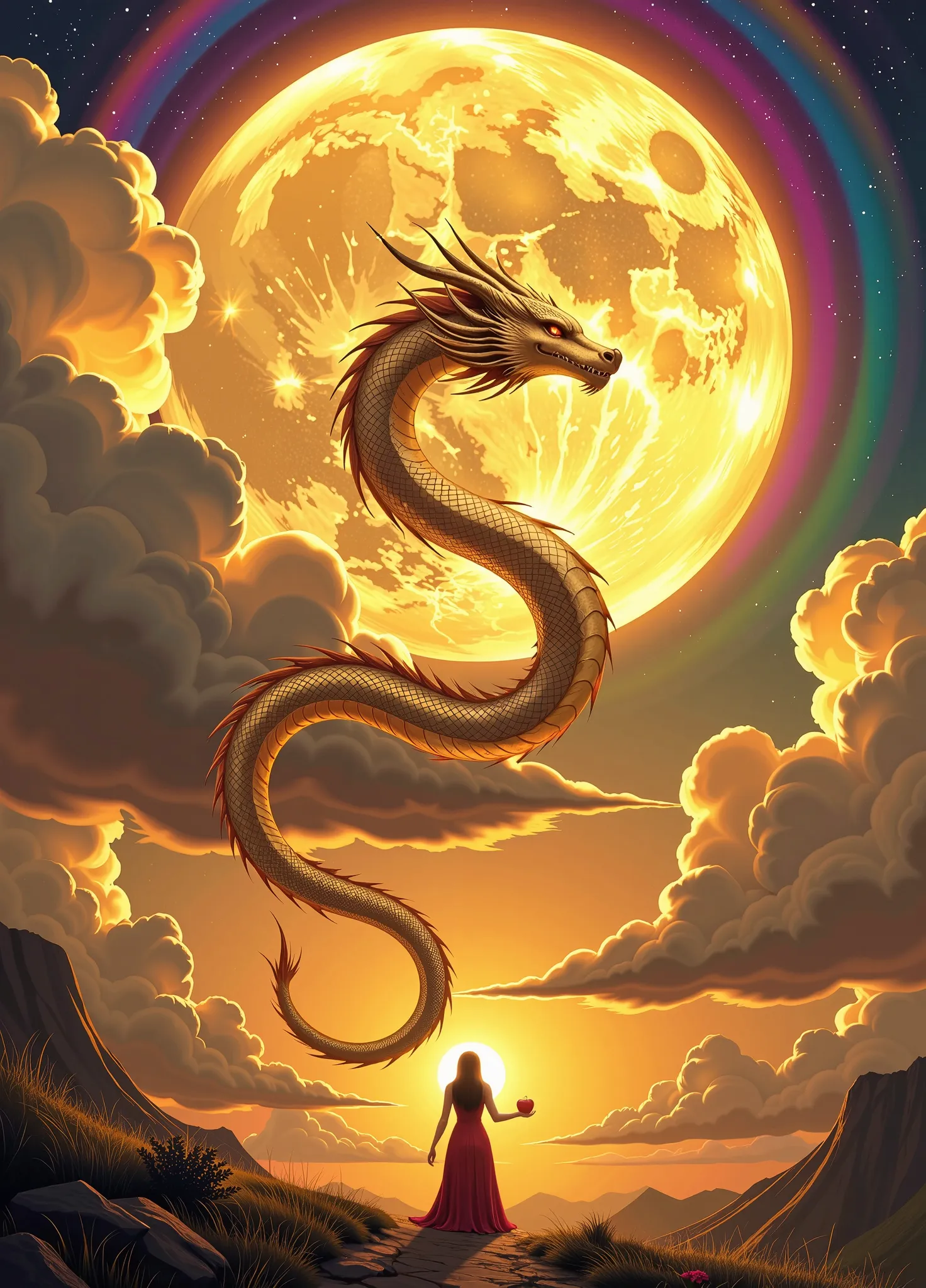 girls,Black Long Hair,Black Queen,The majestic Oriental dragon, shines with shimmering golden scales, is spiraling gracefully through a fantastic sky drawn in various shades of gold and yellow. That slender , has a snake-like body bends gracefully, delicat...