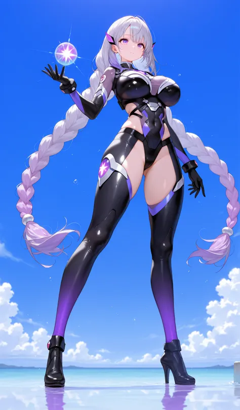 Cryptic girl,masterpiece, best quality, amazing quality, very aesthetic, absurdres, sensitive, (full body shot:1.5),highly detailed cyber body suits, Extreme large Breast, long gradient purple twin braid hair ,(standing like a super hero:1.2),  blue sky ba...