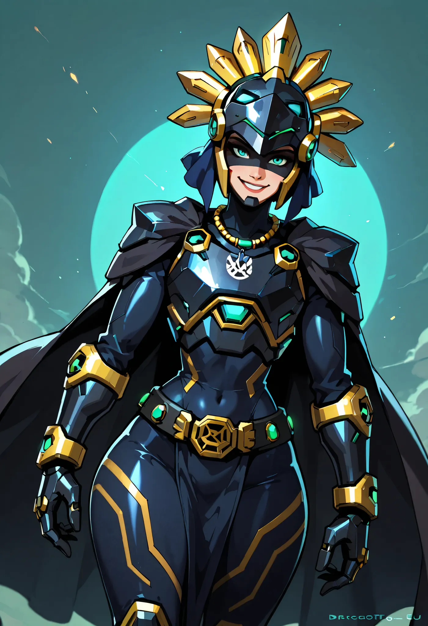 Score_9, Score_8_up, cartoon style, flat colors, Overwatch style, 1 girl, alone, turquoise eyes, Disney Pixar character, fully clothed, open eyes, dronified, tight black tracksuit, friendly gesture, long smile, large robotic breastplate, robotic power reac...
