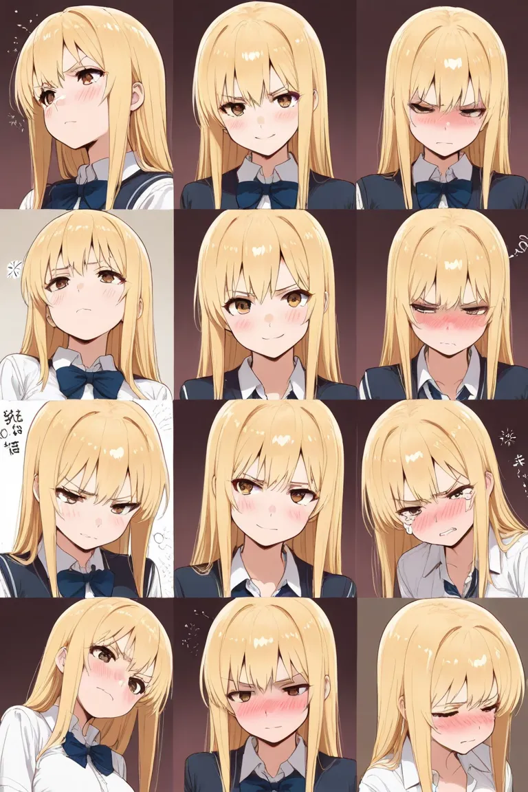 (masterpiece),  best quality, perfect face , 1girl, middle breasts , blonde hair, straight hair,  school uniform ,facial expressions chart, expressionless, smile, bored, angry, sulking, tears,embarrassed, orgasms, drunk.