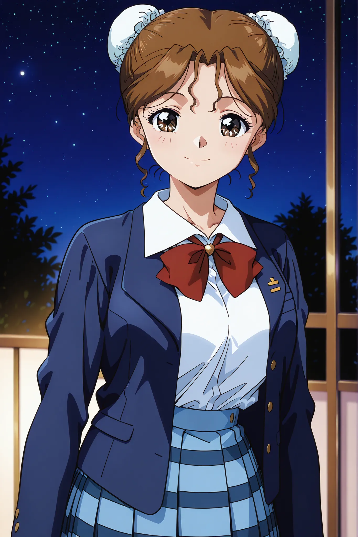 1girl,solo,masterpiece,best quality,general,sr5_akira,retro artstyle, brown eyes, brown hair, bun cover, school uniform, red bowtie, blazer, long sleeves, blue jacket, open jacket, white shirt, collared shirt, blue skirt, plaid skirt,smile,night,school