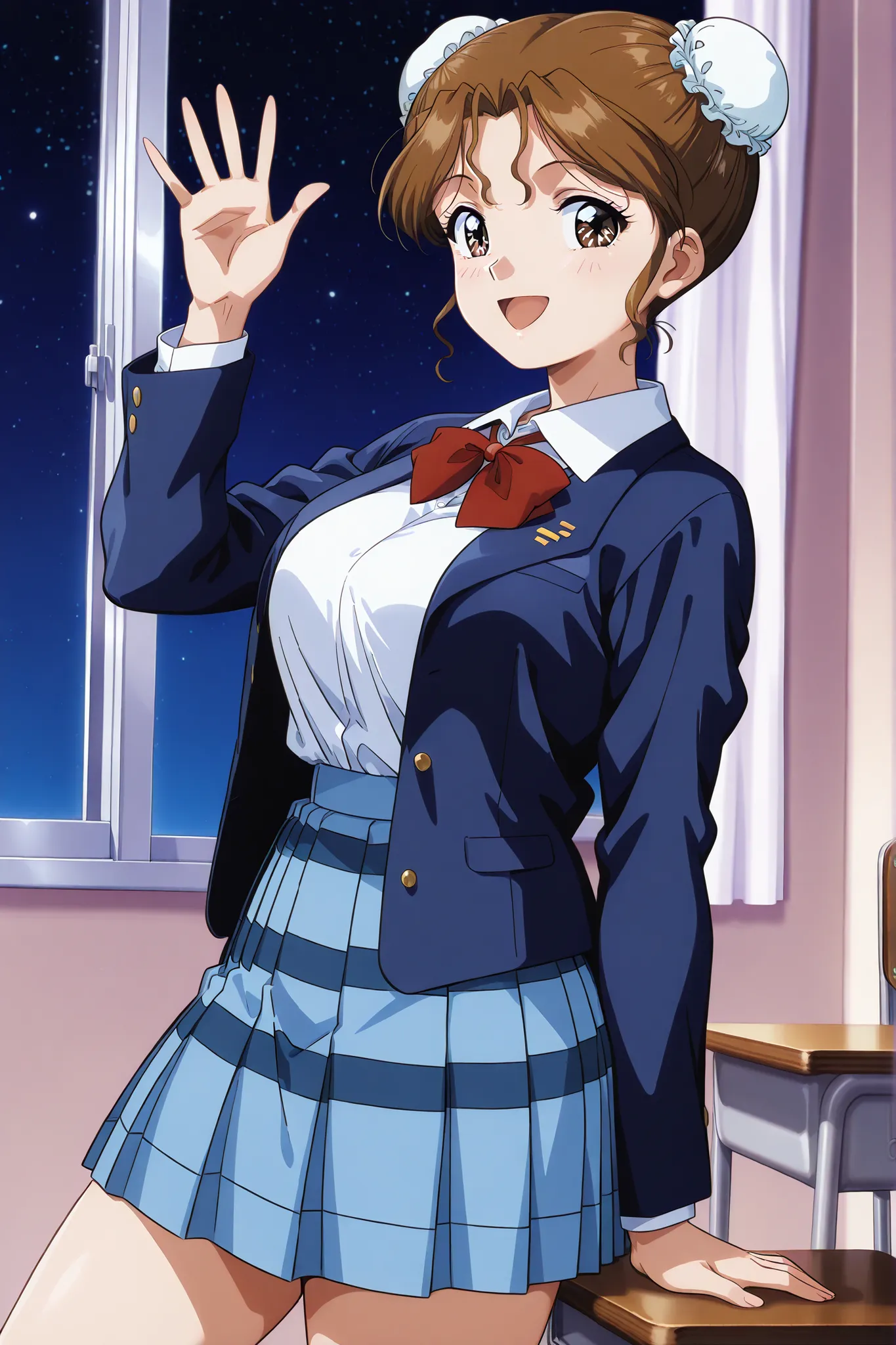 1girl,solo,masterpiece,best quality,general,sr5_akira,retro artstyle, brown eyes, brown hair, bun cover, school uniform, red bowtie, blazer, long sleeves, blue jacket, open jacket, white shirt, collared shirt, blue skirt, plaid skirt,smile,night,classroom,...
