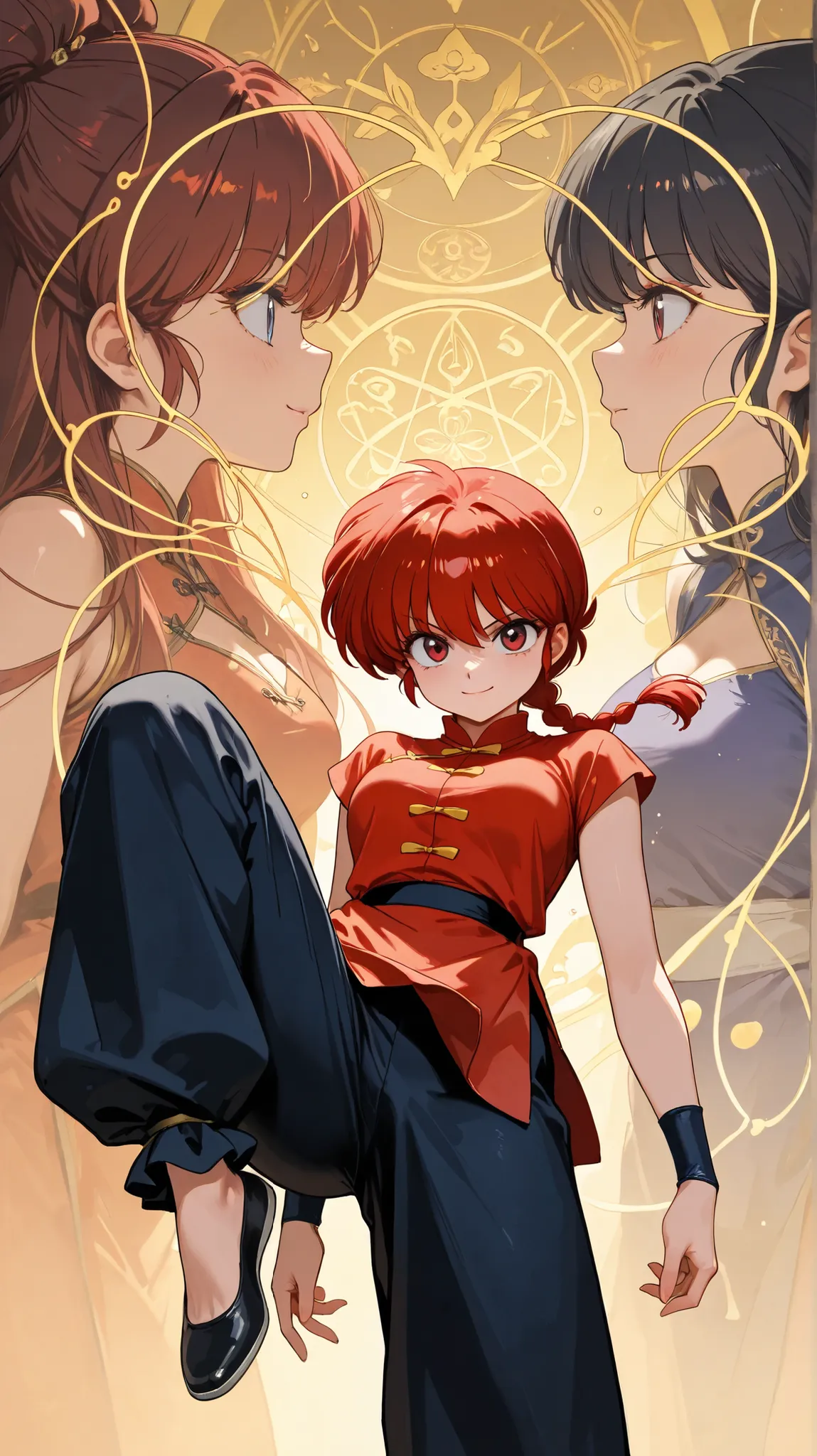 (alone:1.3), girl\(Ranma, Anime Protagonist\(Ranma1/2\),beautiful, Sexy, Group ed red haired, Red Eyes, 赤いChinese clothes, Smile, Ranma saotome, Group , red haired, single Group , Group ed ponytail, Red Eyes, Pants, Chinese clothes, sleevele...