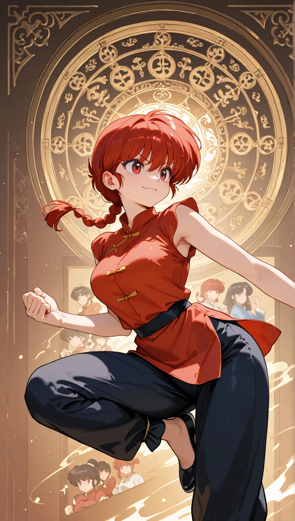 (solos:1.3), girls\(Ranma, Anime Protagonist\(Ranma1/2\),beautiful, Sexy, Group ed red hair, Red Eyes, 赤いChinese clothes, Smile, Ranma saotome, Group , red hair, single Group , Group ed ponytail, Red Eyes, underpants, Chinese clothes, sleeve...