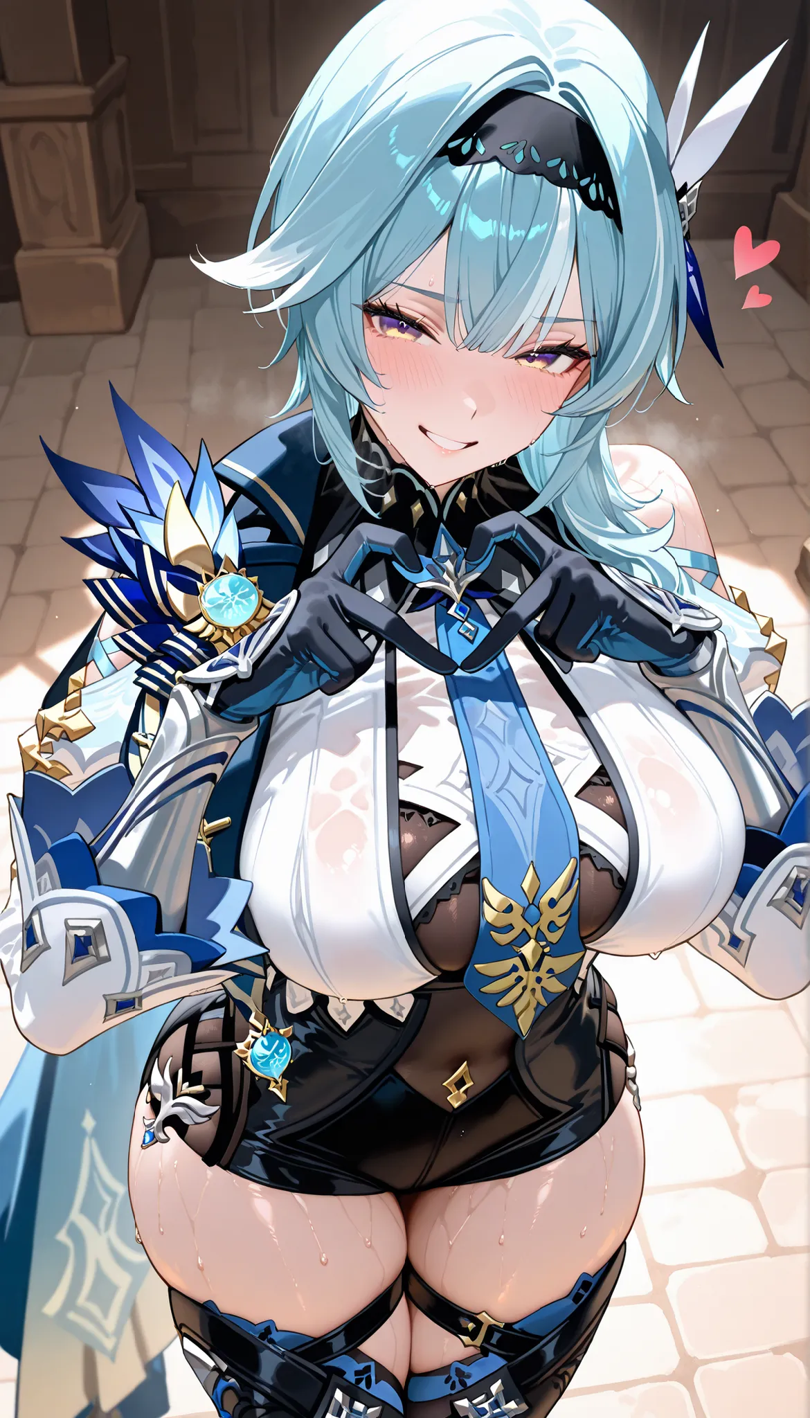 score_9,score_8_up,score_7_up,1girl, solo,blue eyes, white hair, braided ponytail, large_breasts, vision_\(genshin_impact\), absurdres, highres,medium hair, blue hair, gradient eyes, yellow eyes, black hairband, hair ornament, blue necktie, (blue cape on h...
