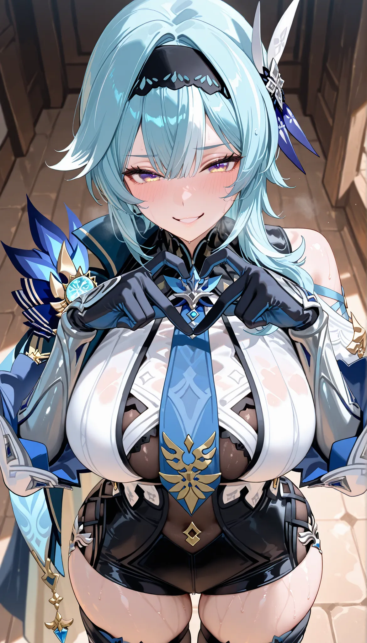 score_9,score_8_up,score_7_up,1girl, solo,blue eyes, white hair, braided ponytail, large_breasts, vision_\(genshin_impact\), absurdres, highres,medium hair, blue hair, gradient eyes, yellow eyes, black hairband, hair ornament, blue necktie, (blue cape on h...
