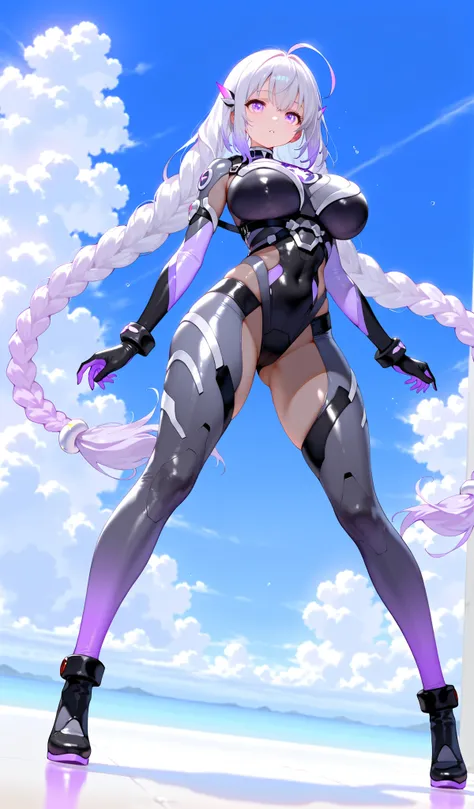 Cryptic girl,masterpiece, best quality, amazing quality, very aesthetic, absurdres, sensitive, (full body shot:1.5),highly detailed cyber body suits, Extreme large Breast, long gradient purple twin braid hair ,(standing like a super hero:1.2),  blue sky ba...