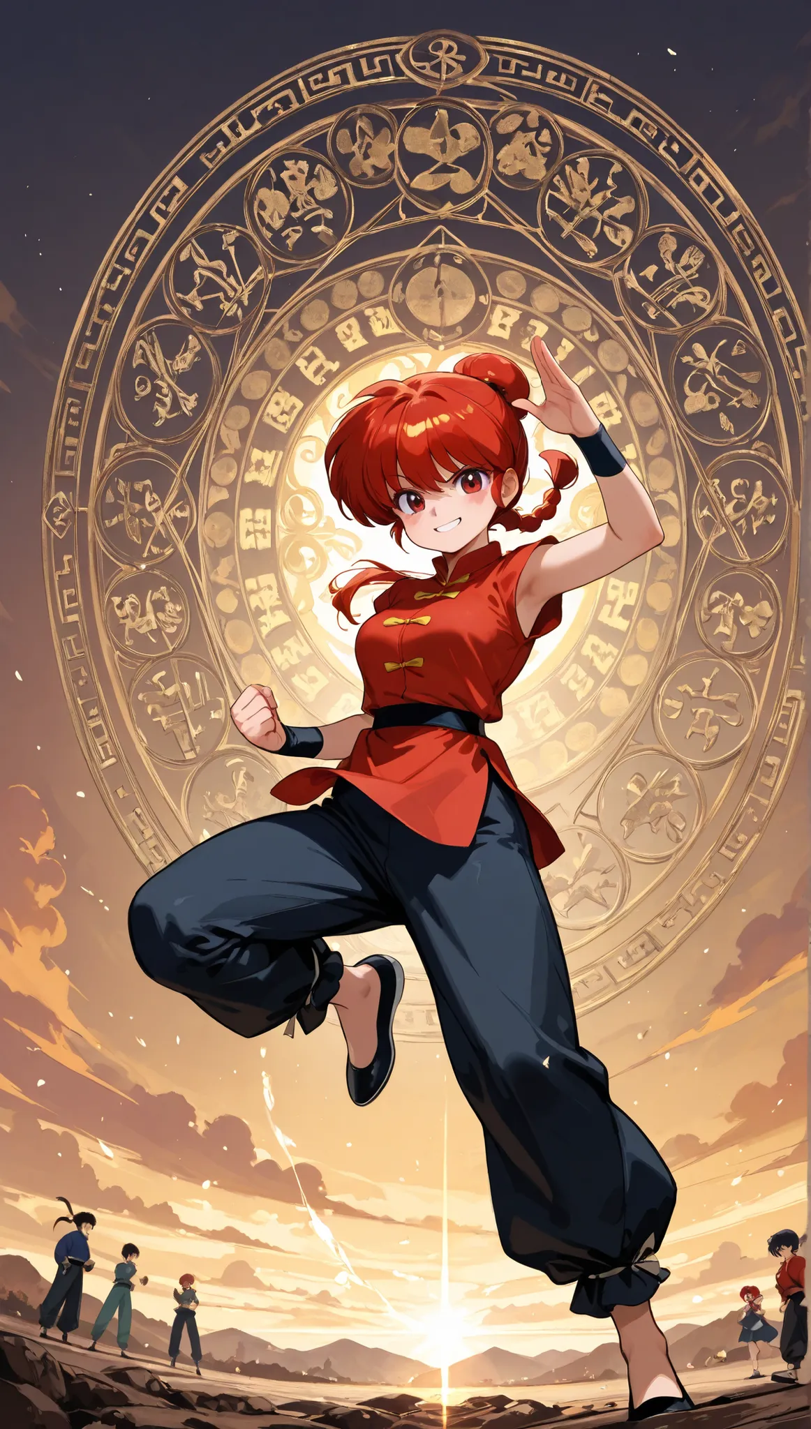(alone:1.3), girl\(Ranma, Anime Protagonist\(Ranma1/2\),beautiful, Sexy, Group ed red haired, Red Eyes, 赤いChinese clothes, Smile, Ranma saotome, Group , red haired, single Group , Group ed ponytail, Red Eyes, Pants, Chinese clothes, sleevele...