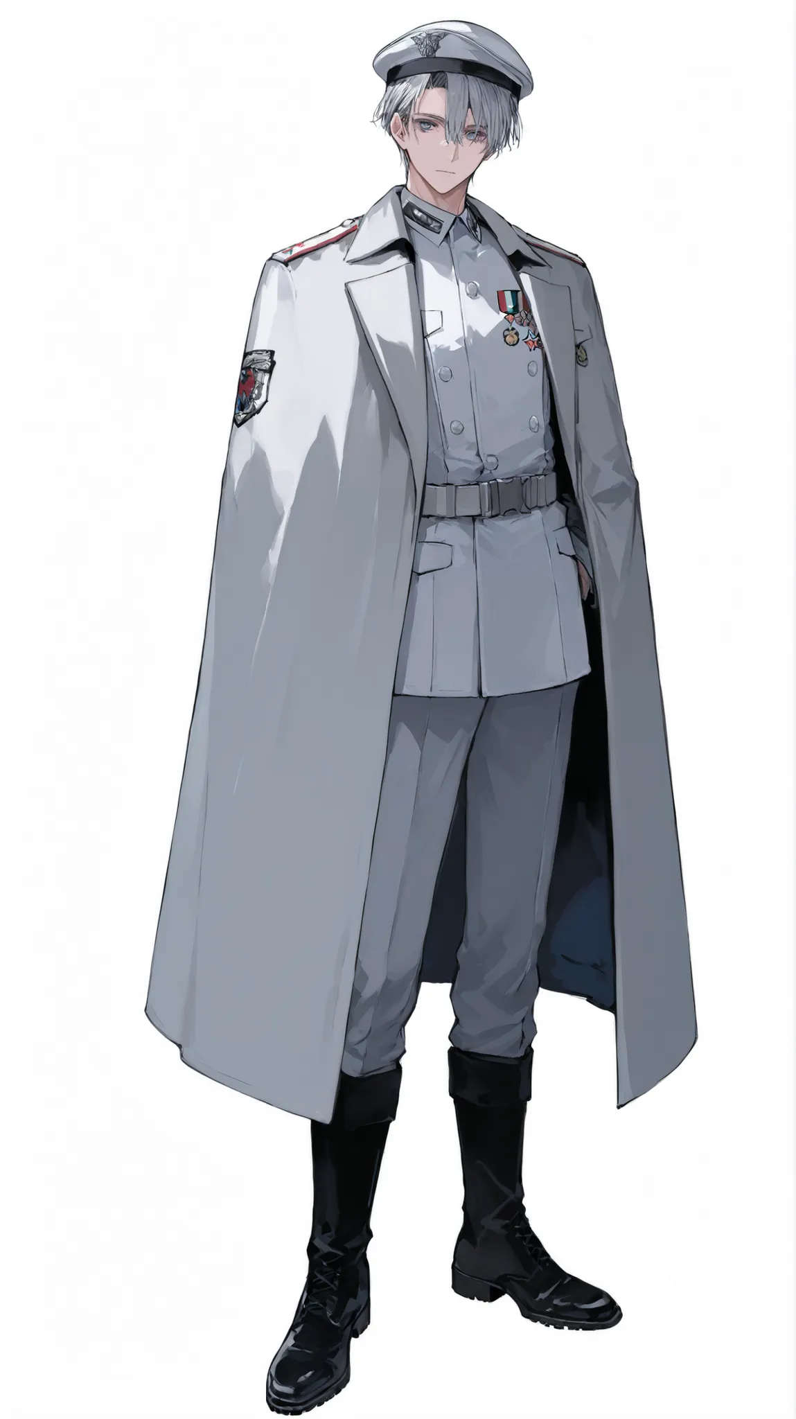 HD　male　full body　front　Standing picture　Tall　gray hair　blue eyes　white military uniforms　birthday　Formal Wear　Cloak coat　black boots　white background