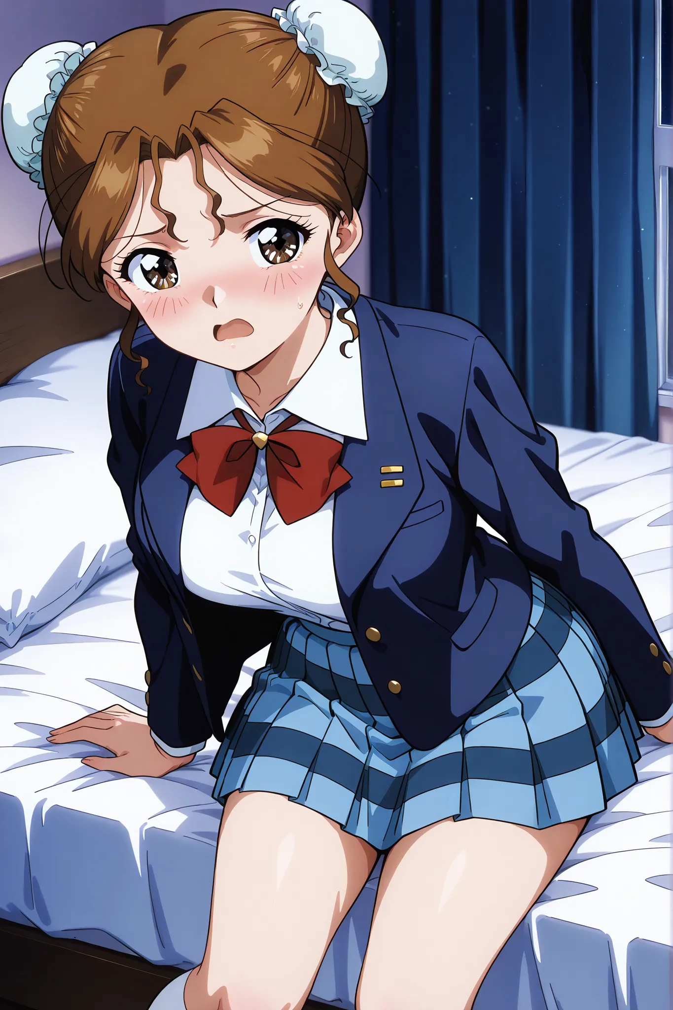 1girl,solo,open mouth,masterpiece,best quality,general,sr5_akira,retro artstyle, brown eyes, brown hair, bun cover, school uniform, red bowtie, blazer, long sleeves, blue jacket, open jacket, white shirt, collared shirt, blue skirt, plaid skirt,bed room,kn...