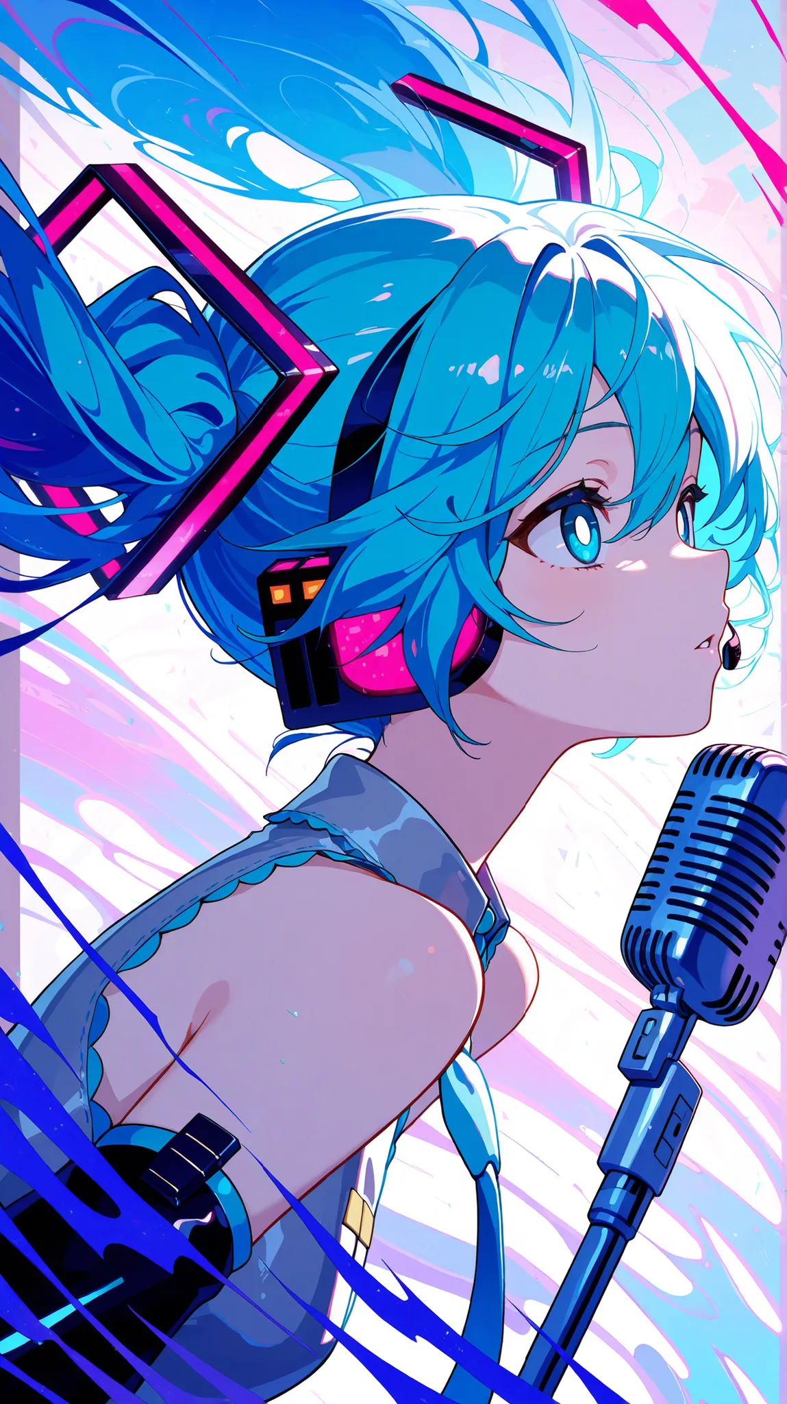 1girl, hatsune miku, white pupils, power elements, microphone, vibrant blue color palette, abstract,abstract background, dreamlike atmosphere, delicate linework, wind-swept hair, energy
,masterpiece,best quality,amazing quality,