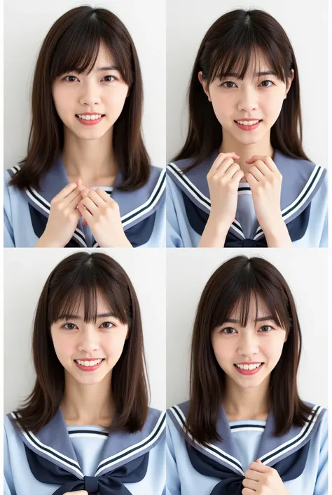 Create a realistic photograph of a beautiful Japanese female idol in a Nogizaka-style uniform. The image should be divided into four sections, each featuring a close-up of her face expressing different emotions: a smile, an angry face, a crying face, and a...