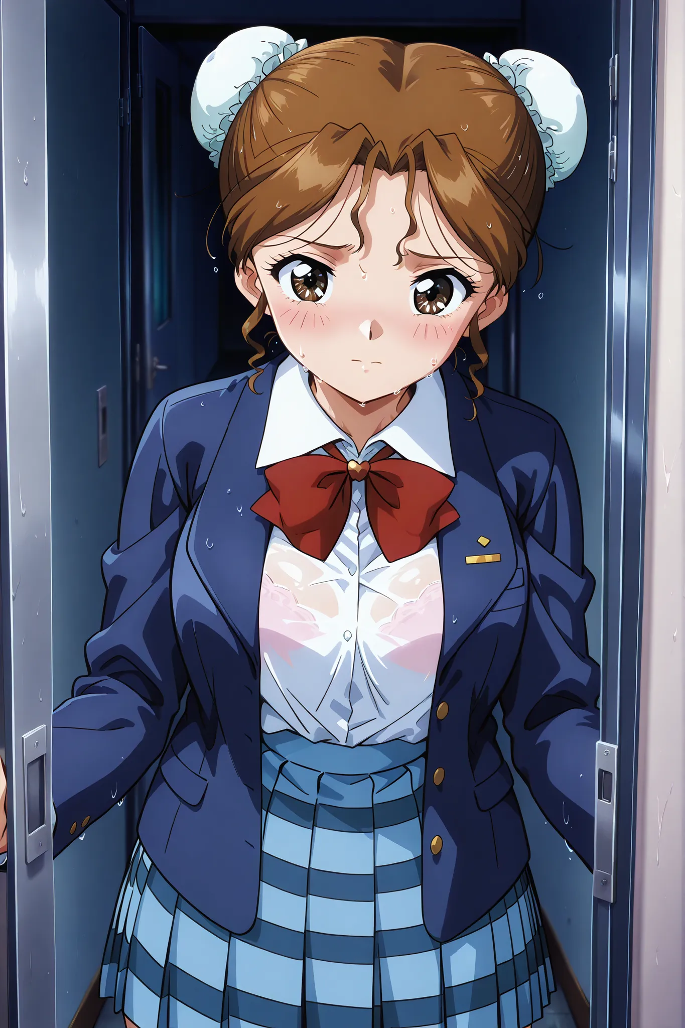 1girl,solo,masterpiece,best quality,general,sr5_akira,retro artstyle, brown eyes, brown hair, bun cover, school uniform, red bowtie, blazer, long sleeves, blue jacket, open jacket, white shirt, collared shirt, blue skirt, plaid skirt,in warehouse,wet,see t...