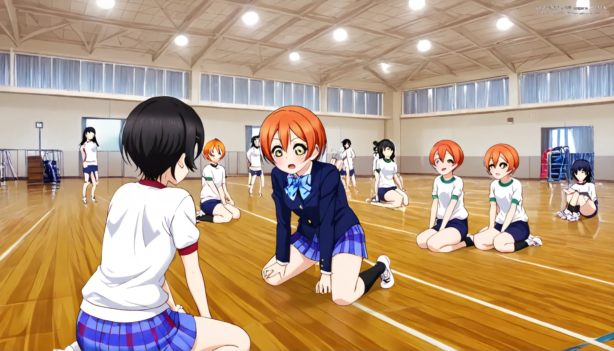 1girl,hoshizora rin, striped, short hair, blush, otonokizaka school uniform, lovelive_rin black blazer, blue plaid skirt, blue stripe bowtie, orange hair, very short hair, hair between eyes, yellow green eyes,sitting on the floor grasping one's knees (as i...