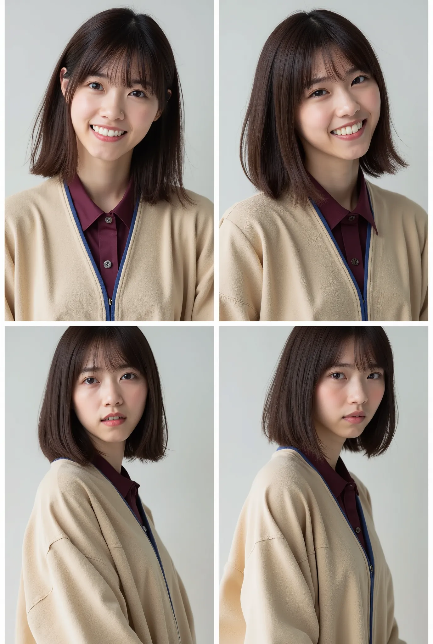 Create a realistic photograph of a beautiful Japanese female idol in a Nogizaka-style uniform. The image should be divided into four sections, each featuring a close-up of her face expressing different emotions: a smile, an angry face, a crying face, and a...