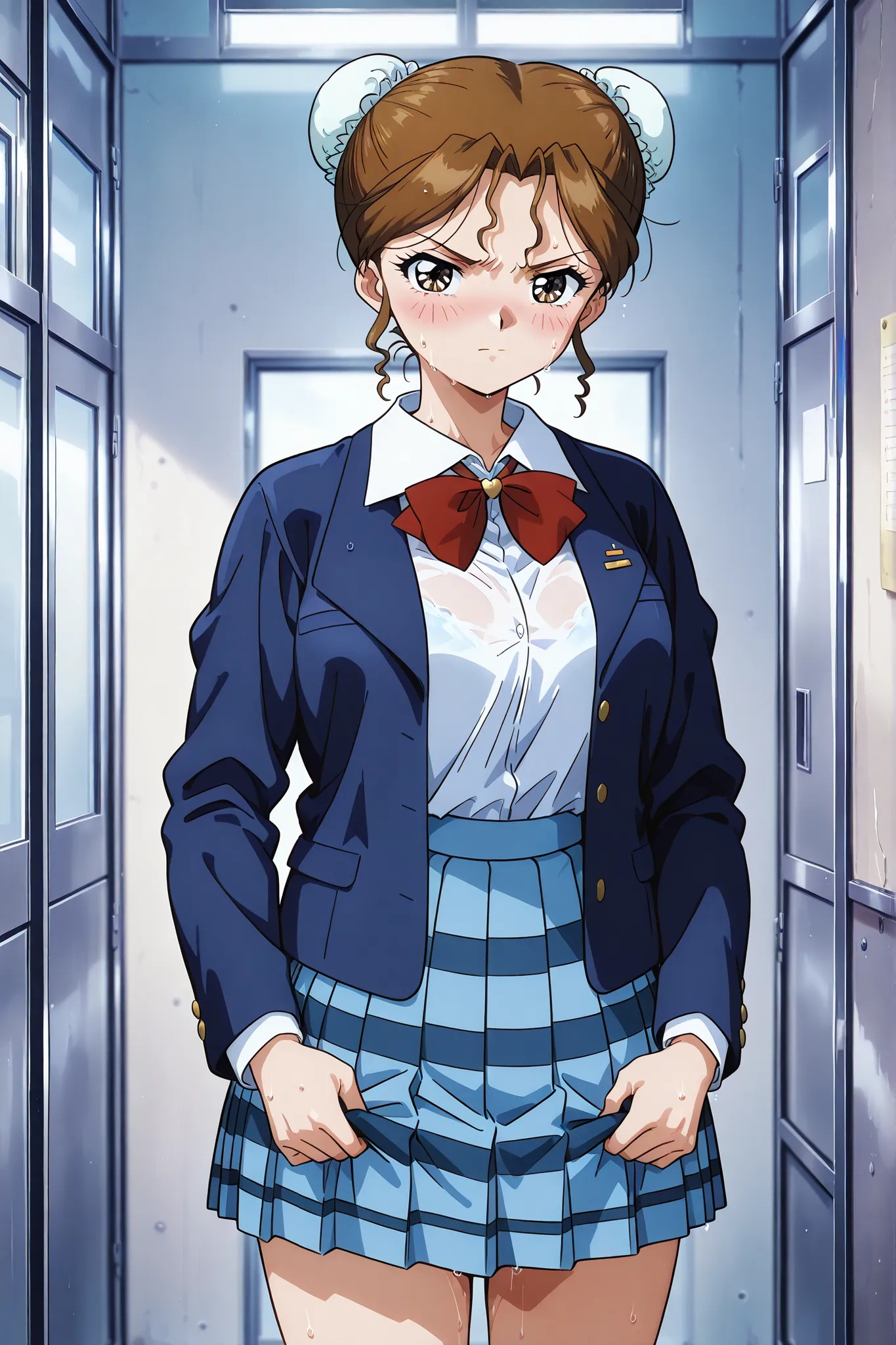 1girl,solo,masterpiece,best quality,general,sr5_akira,retro artstyle, brown eyes, brown hair, bun cover, school uniform, red bowtie, blazer, long sleeves, blue jacket, open jacket, white shirt, collared shirt, blue skirt, plaid skirt,standing,in warehouse,...