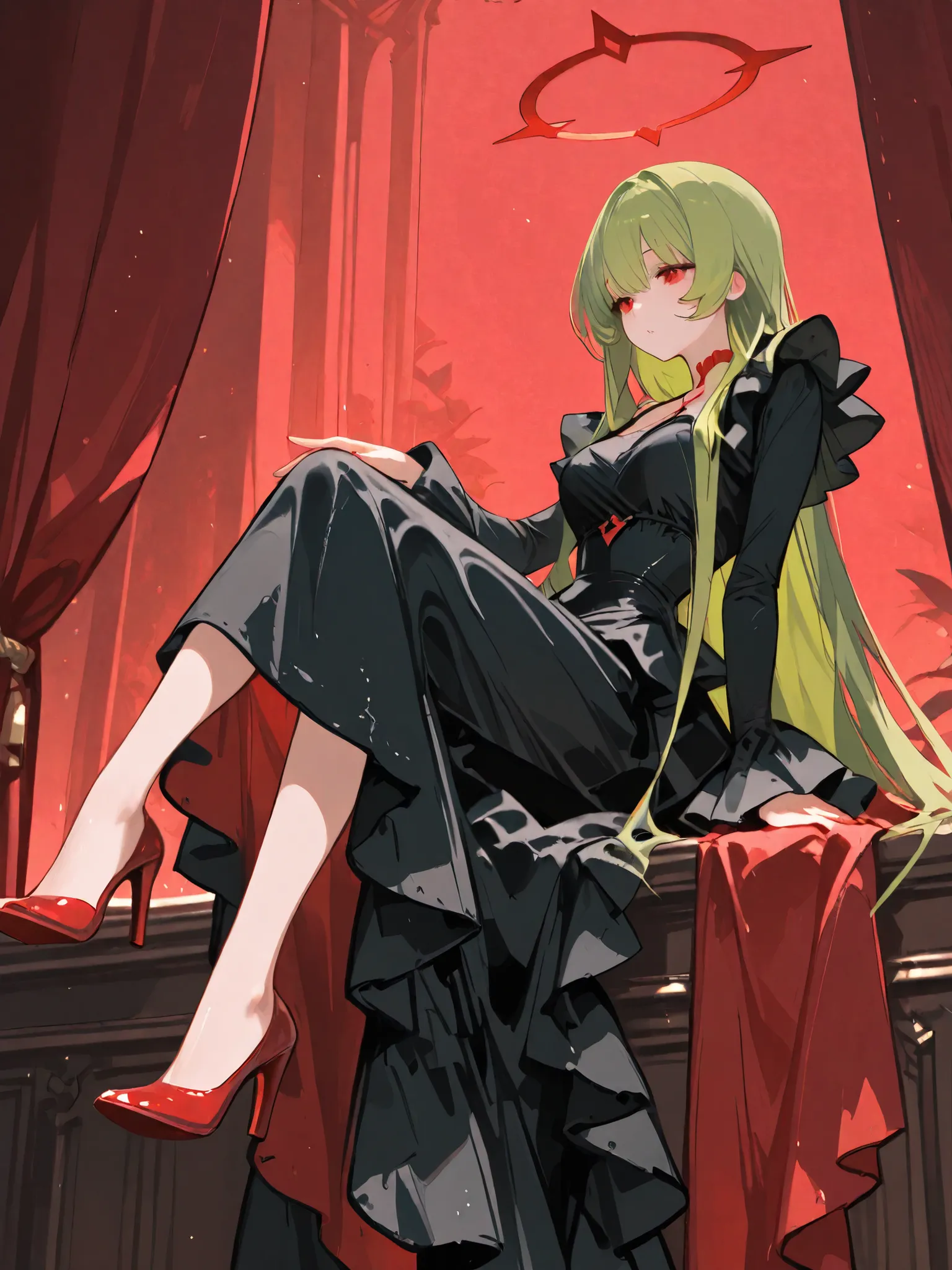 green hair、black dress with lots of ruffles、Long Hair、Red High Heels、The lining of the dress is red 、Upper body、UP