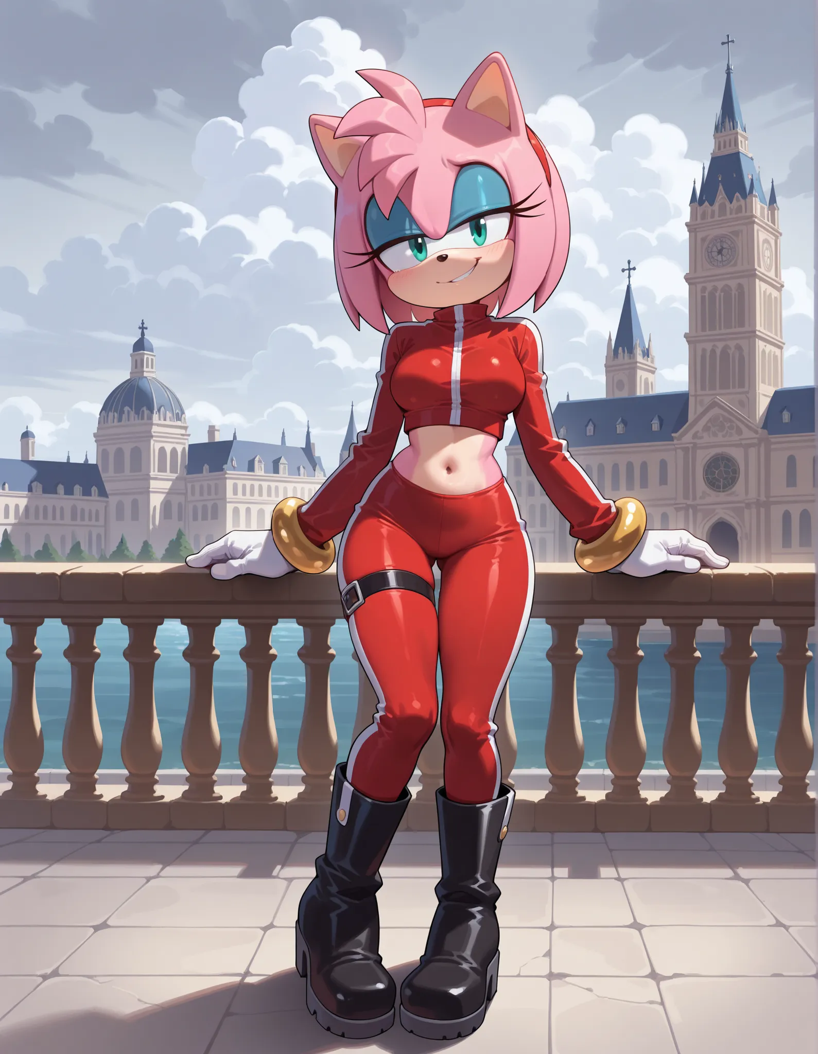 masterpiece, best quality, amazing quality, very aesthetic, absurdres, source furry, ((Amy Rose)), ((short body)), half closed eyes, cyan eyes, blue eye makeup, outdoors, saint basil cathedral, grey cloudy day, looking at viewer, smirk, midriff, navel, med...